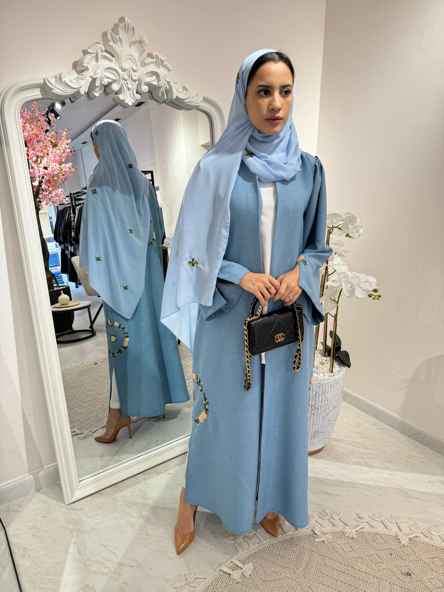 C RTW Blue Floral Linen Embroidery Eid Abaya Set