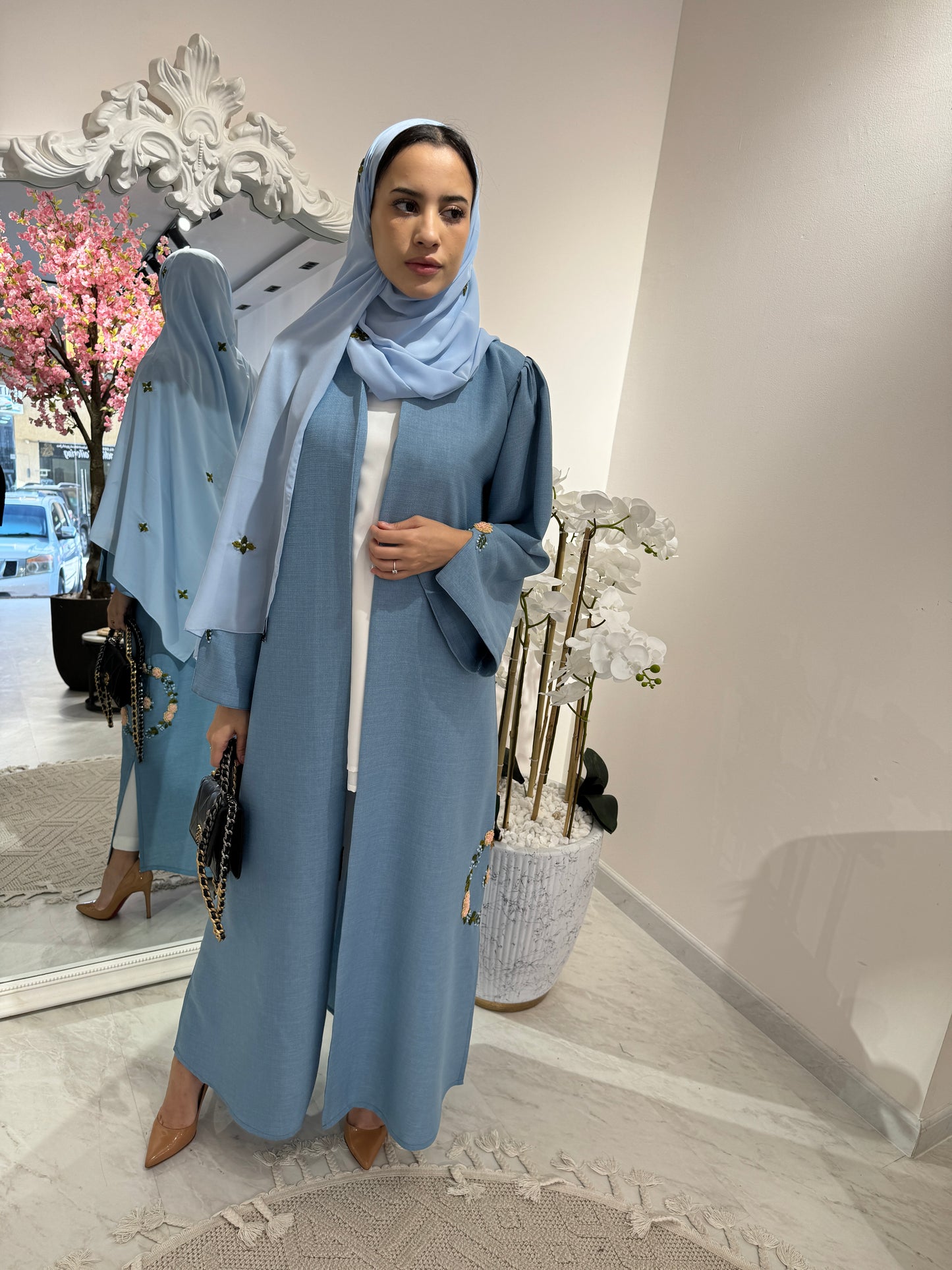 C RTW Blue Floral Linen Embroidery Eid Abaya Set