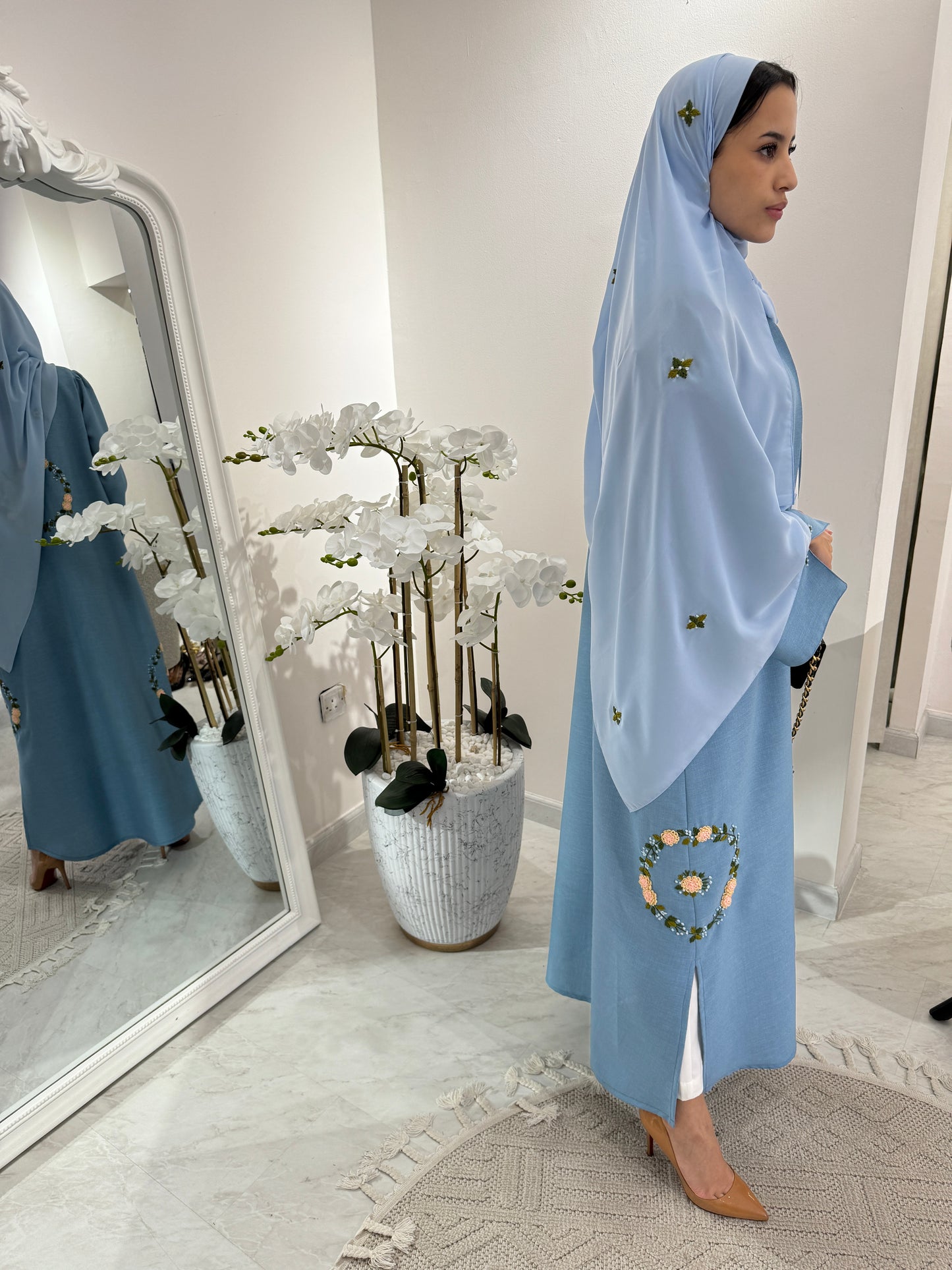 C Blue Floral Linen Embroidery Eid Abaya Set