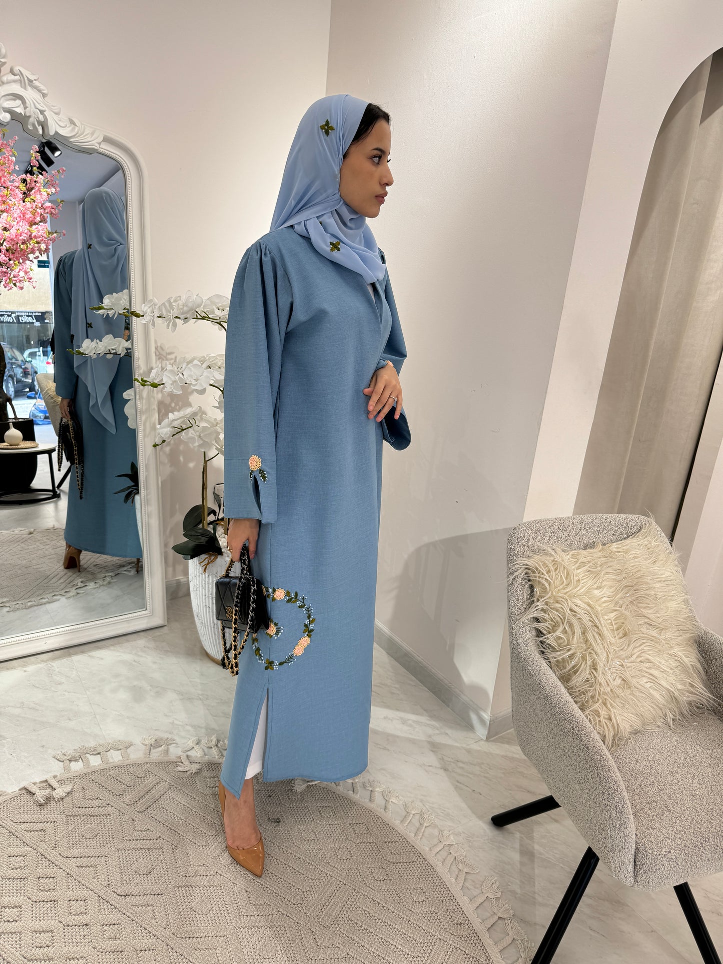 C Blue Floral Linen Embroidery Eid Abaya Set