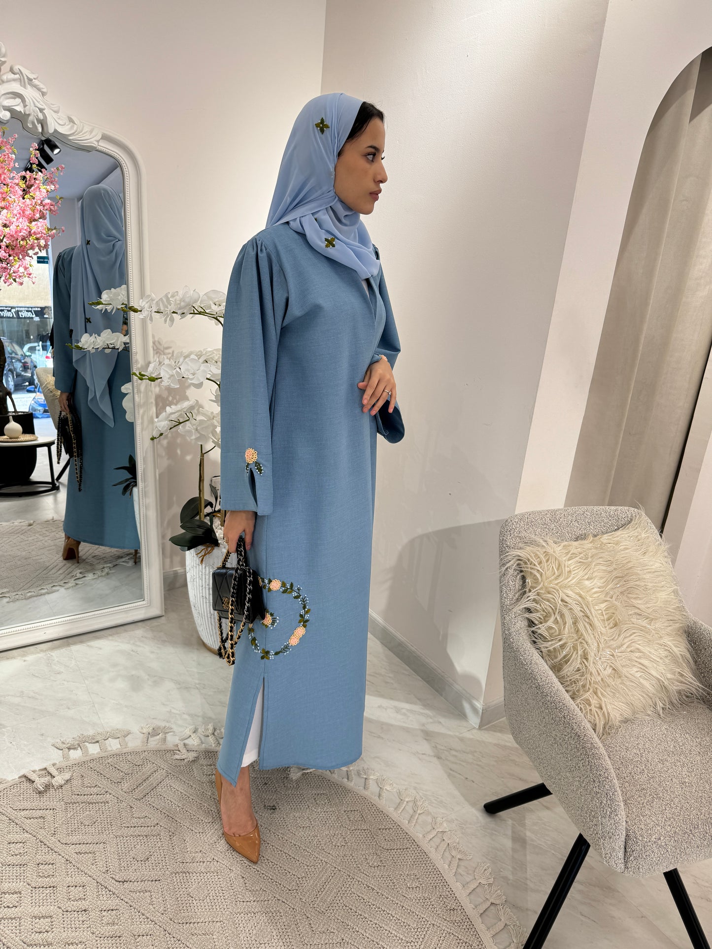 C RTW Blue Floral Linen Embroidery Eid Abaya Set