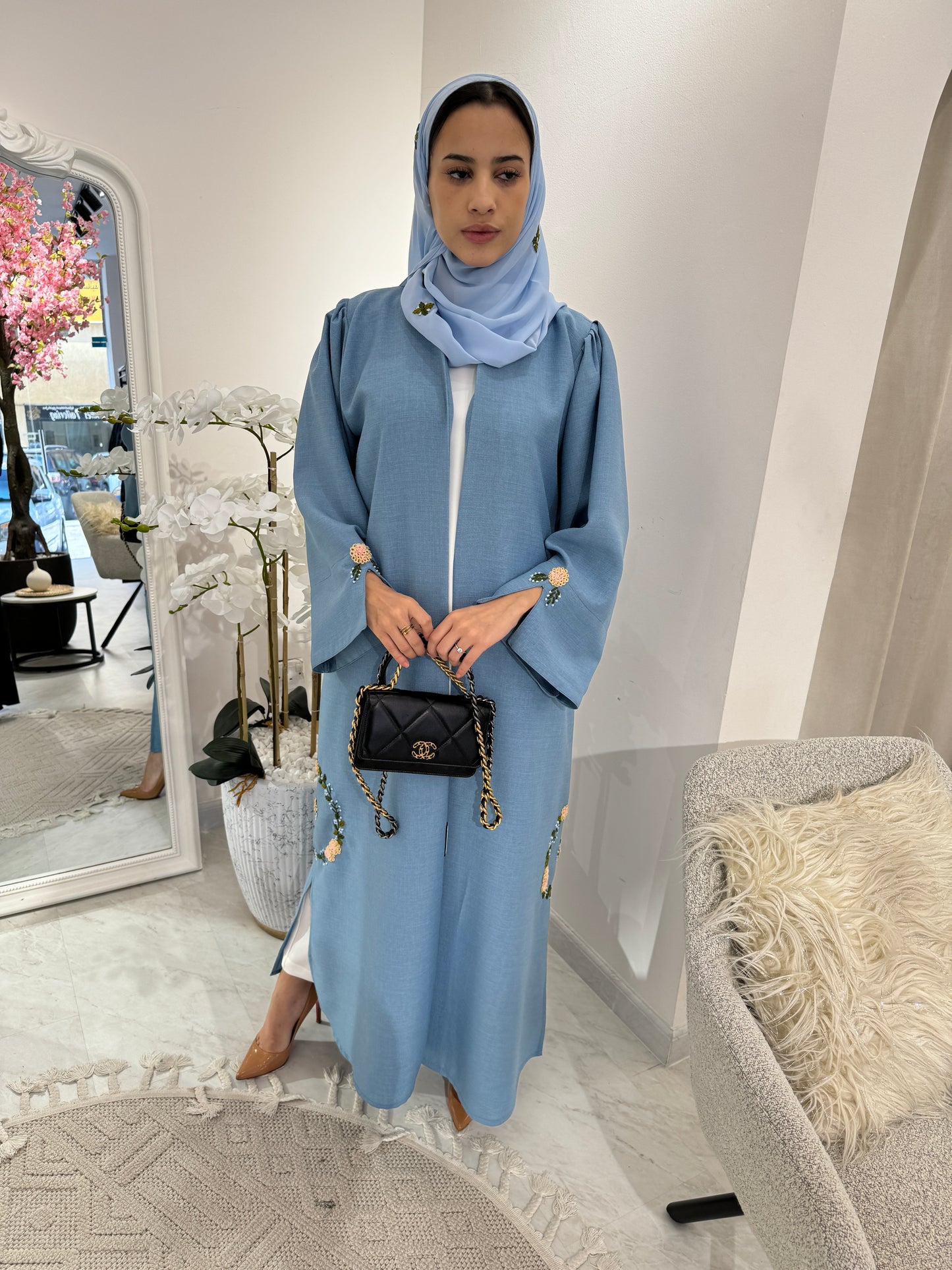 C RTW Blue Floral Linen Embroidery Eid Abaya Set