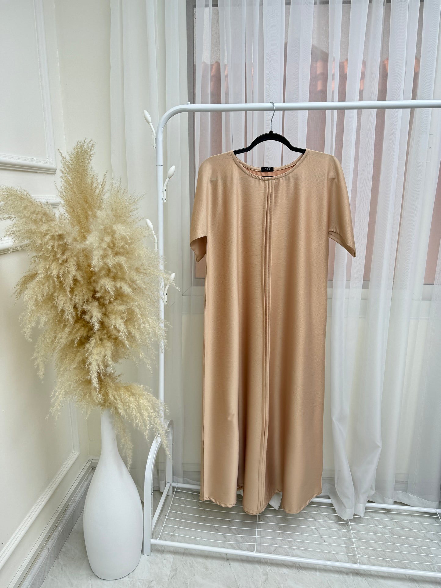 C 001-02 Beige Pleats Under Abaya Dress