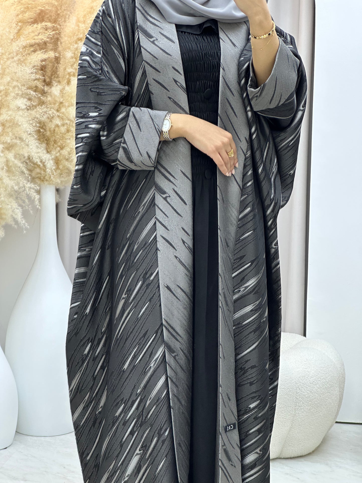 C 0487 Dark Grey Silver Bisht Abaya