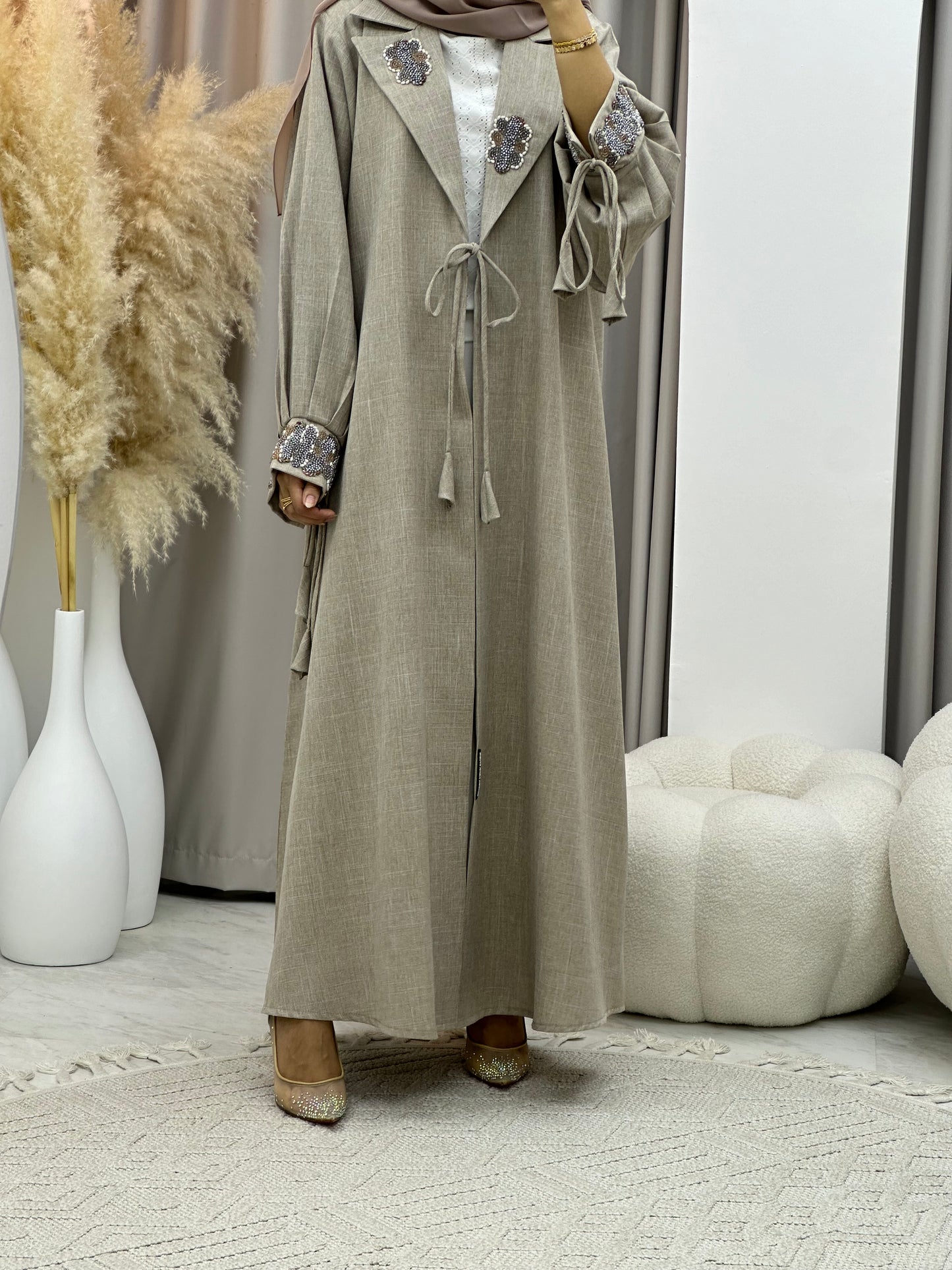 C 0274 Beige Coat Beaded Abaya