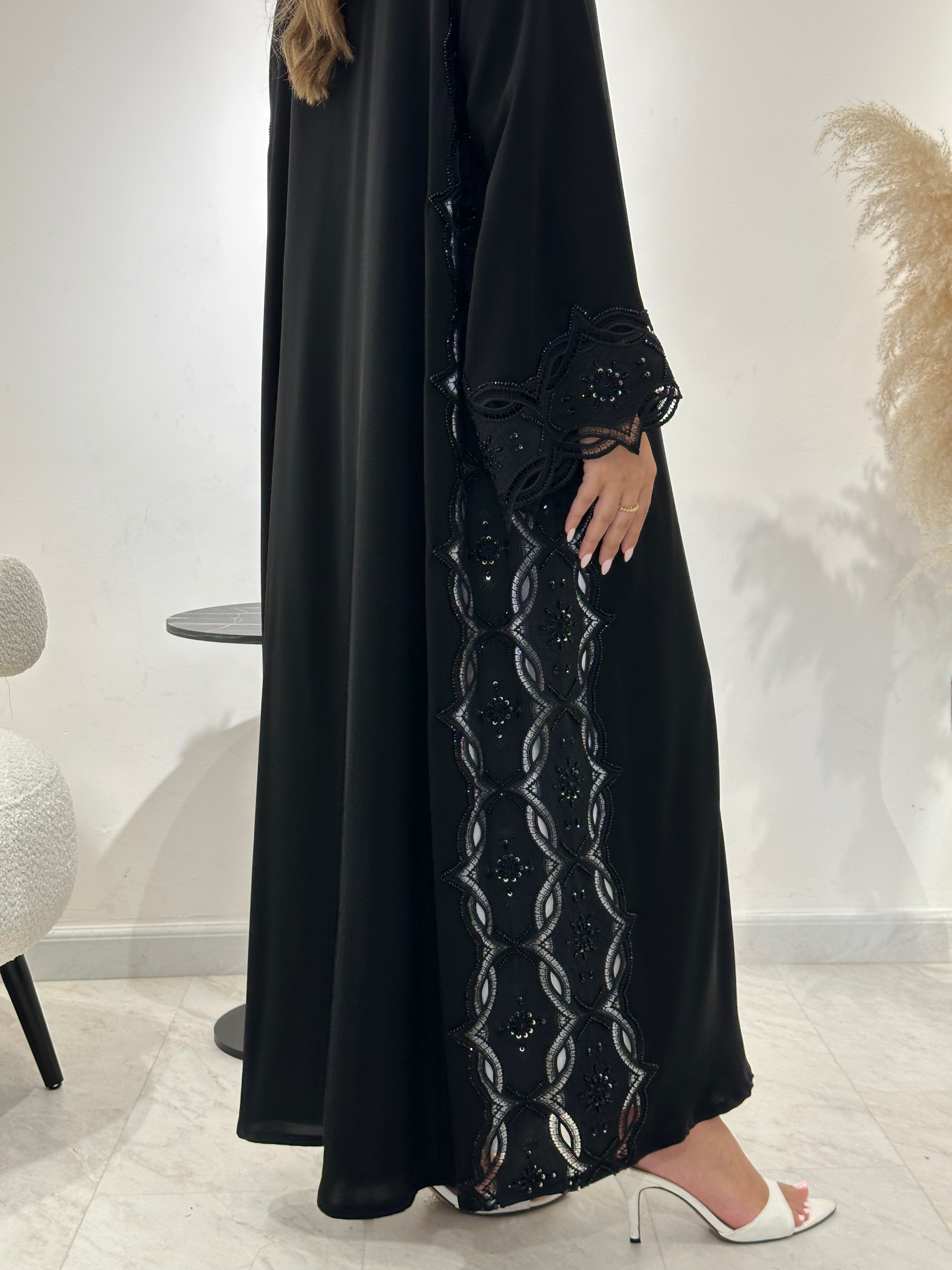 C 1422 Black Beaded Lace Abaya
