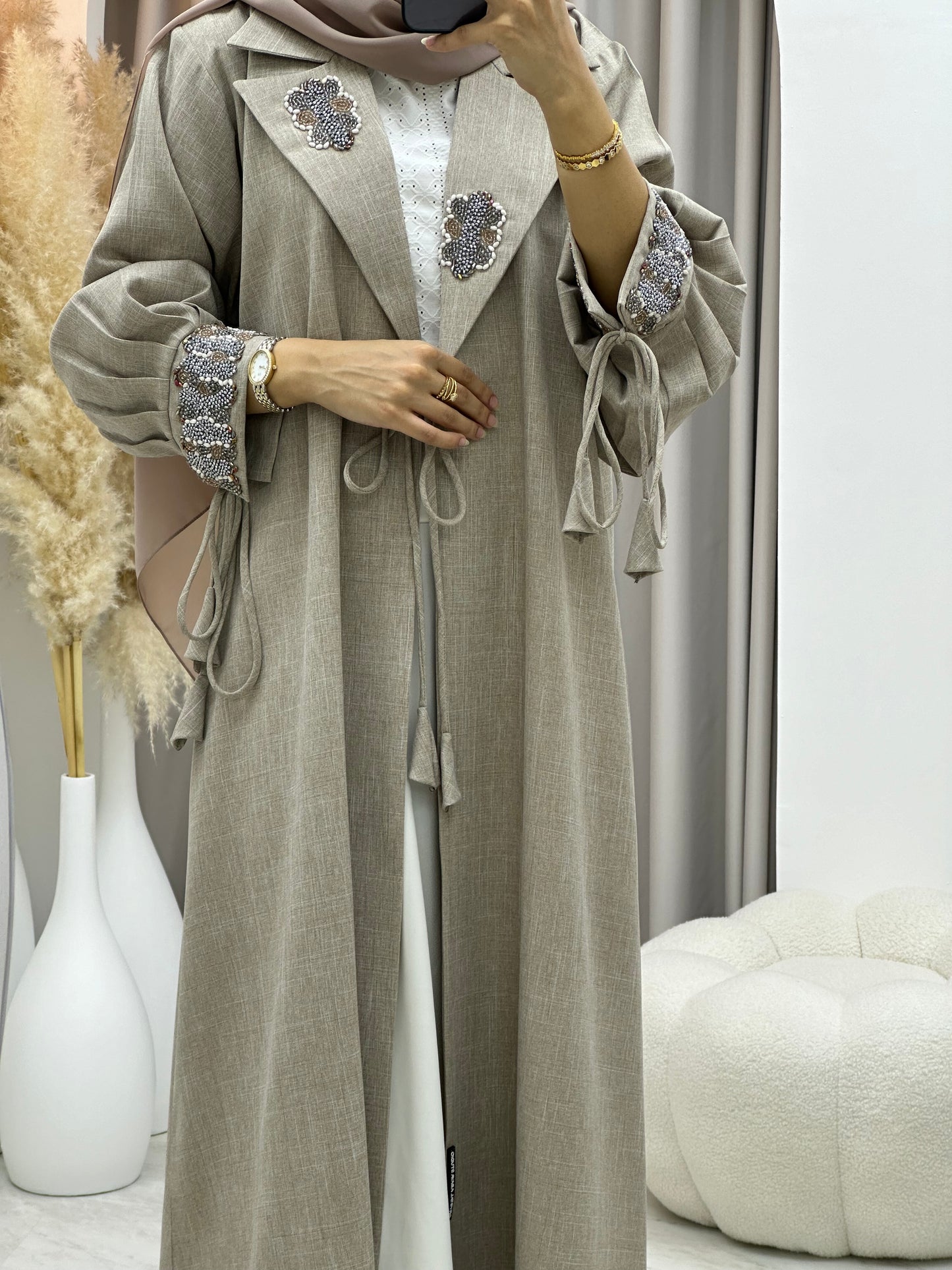 C 0274 Beige Coat Beaded Abaya