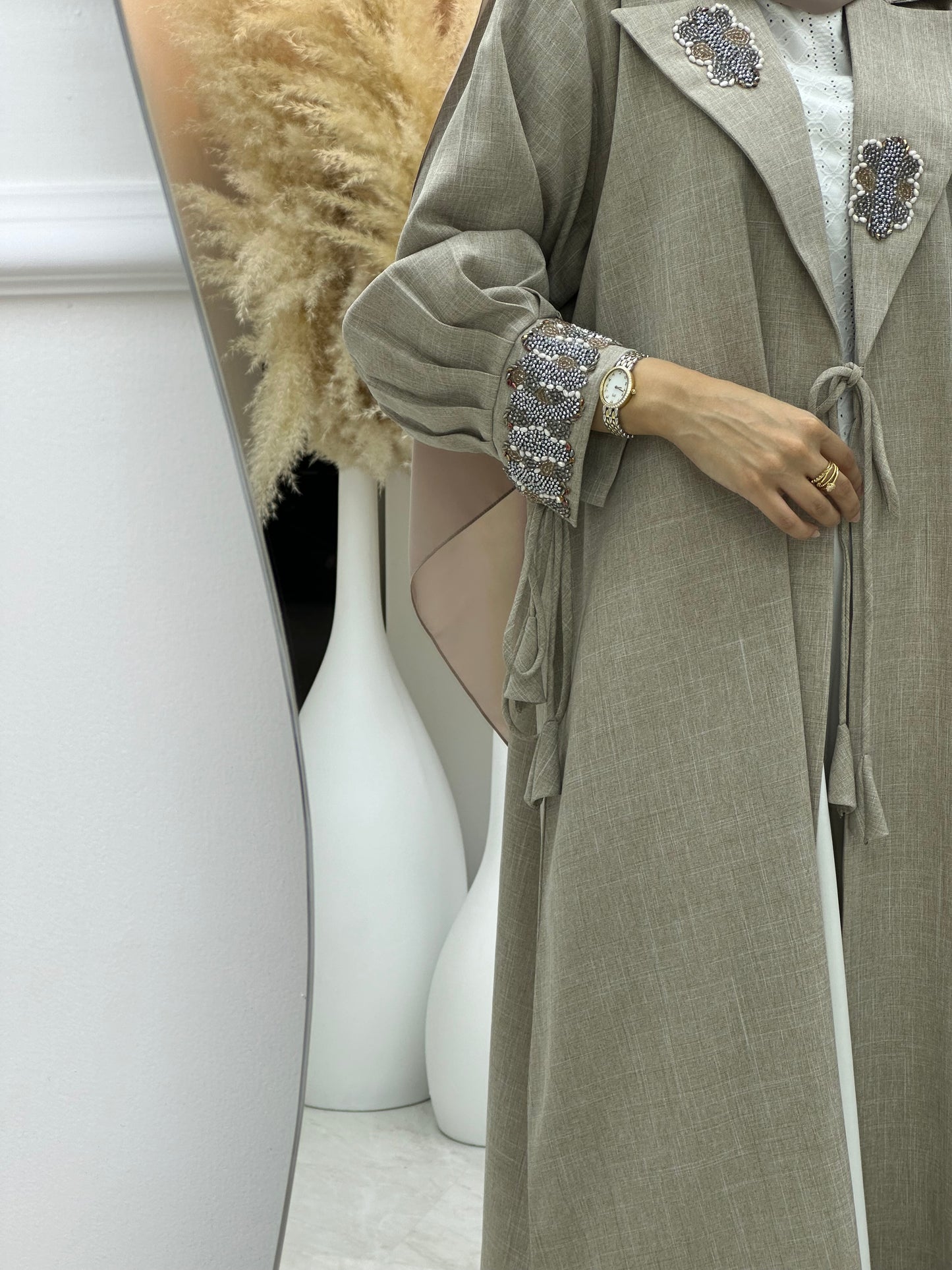 C 0274 Beige Coat Beaded Abaya