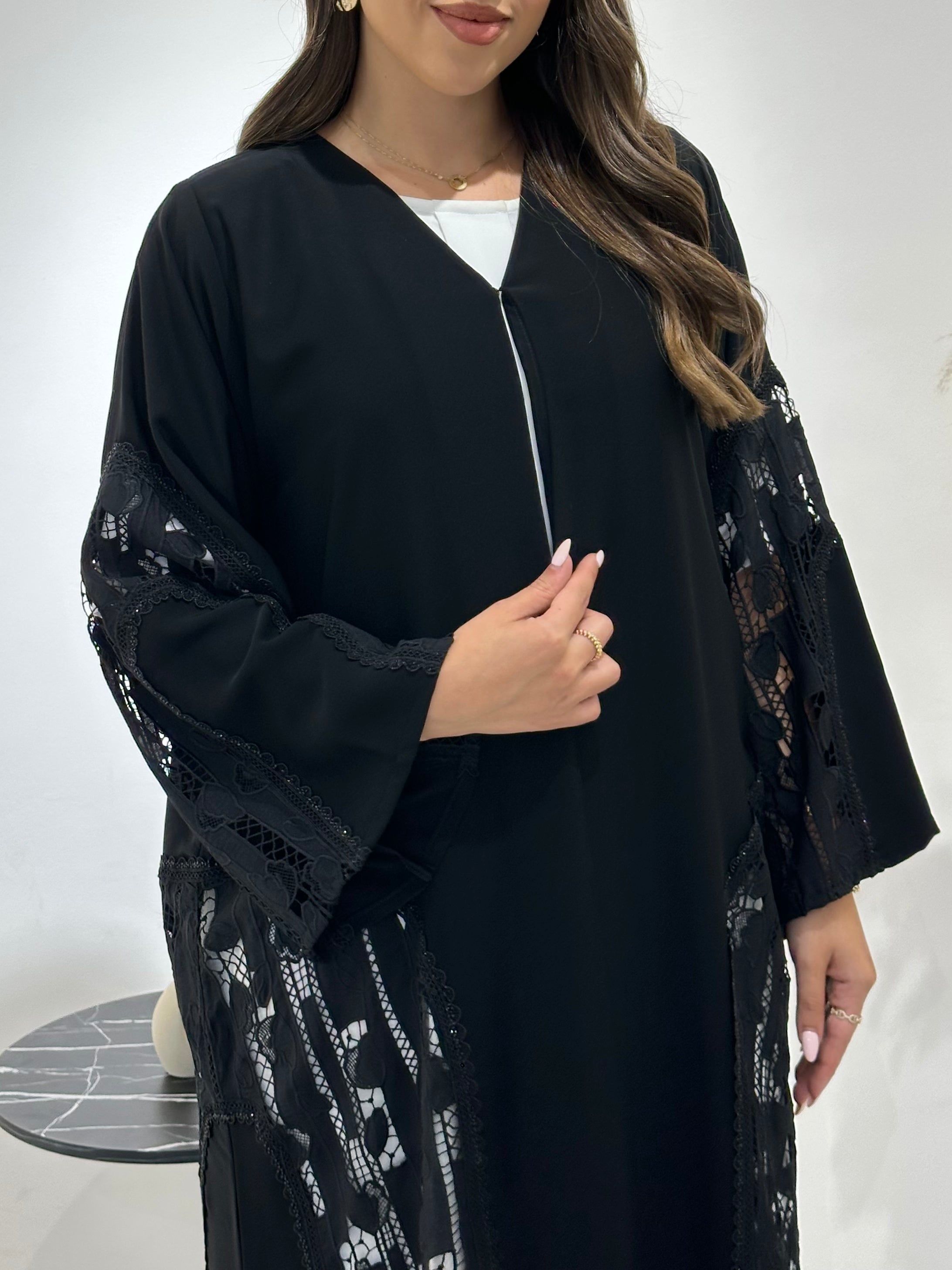 C 1419 Black Crystal Dantel Abaya