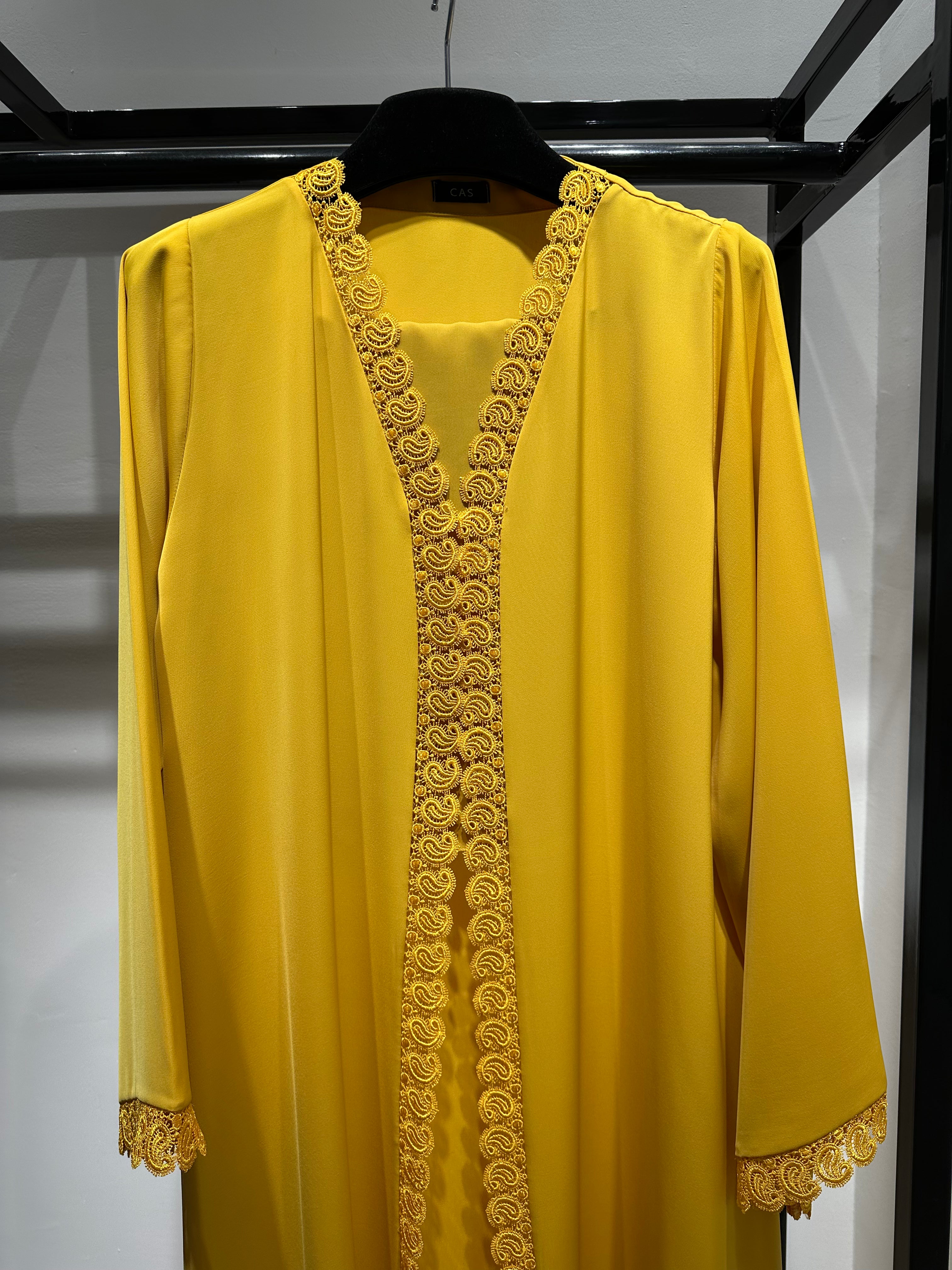 C 1451-04 Canary Yellow Lace Abaya