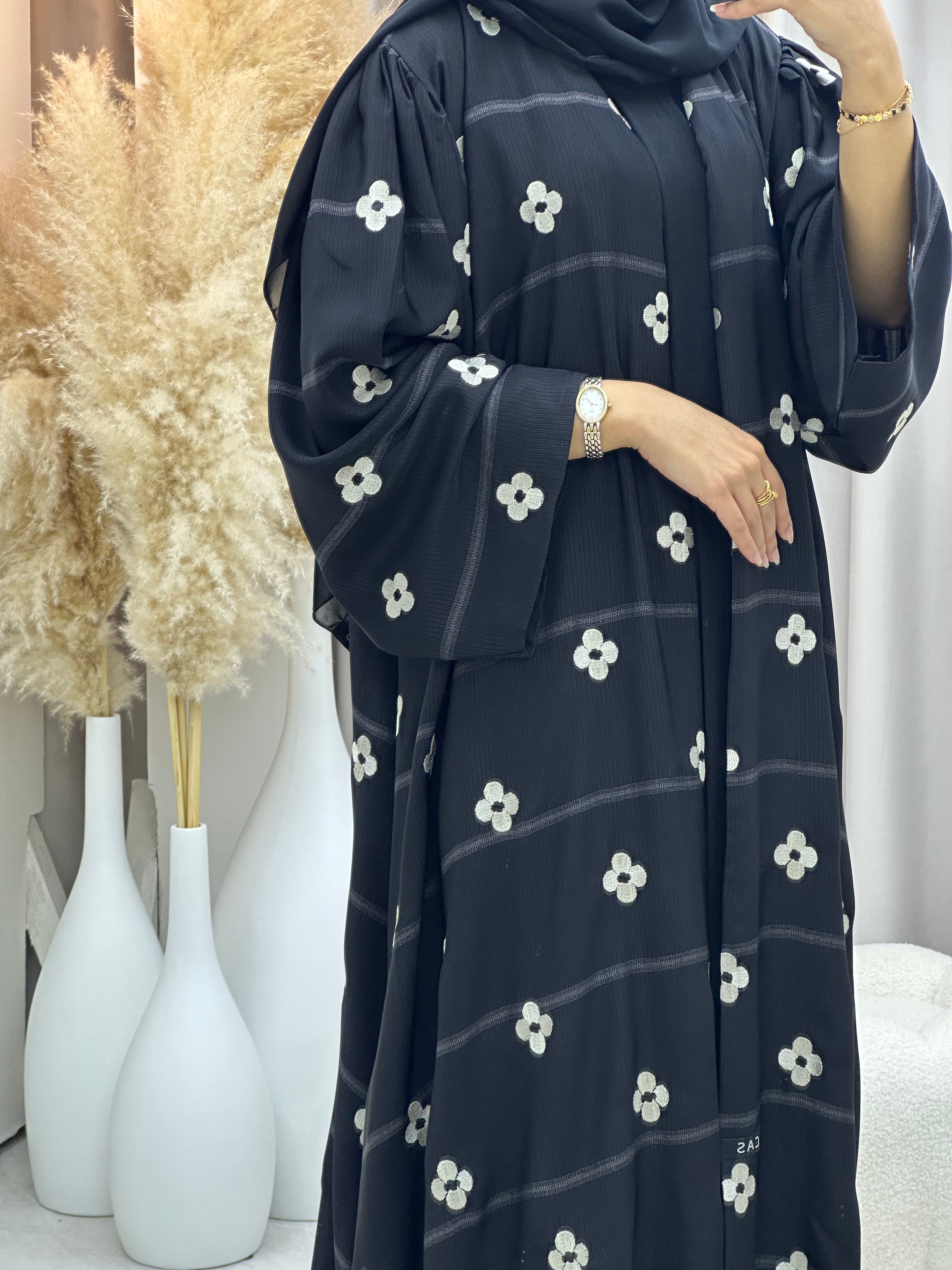 C 0491 Black Floral Work Abaya-6