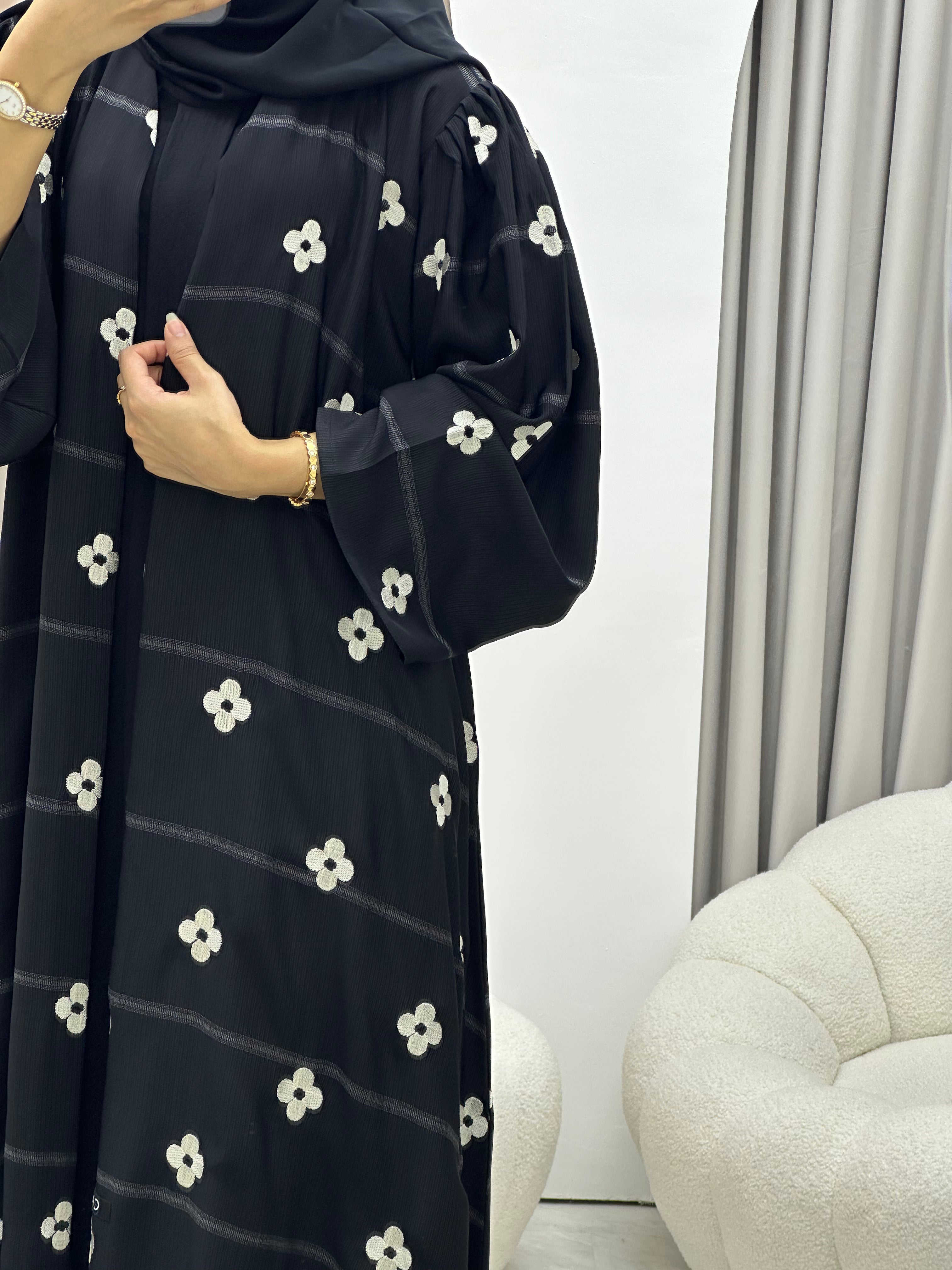C 0491 Black Floral Work Abaya-2
