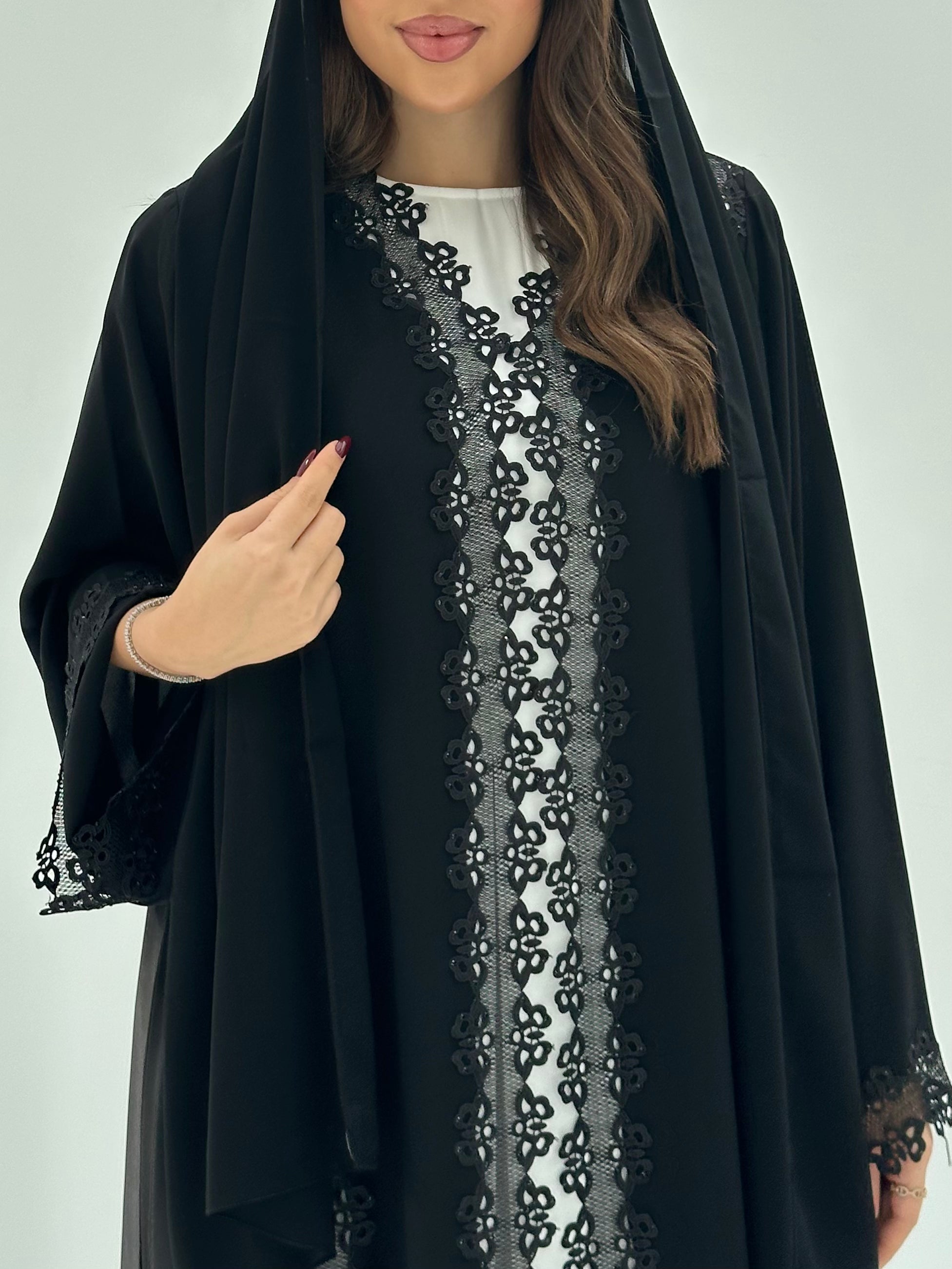 C 1690 Black Crystal Lace Abaya