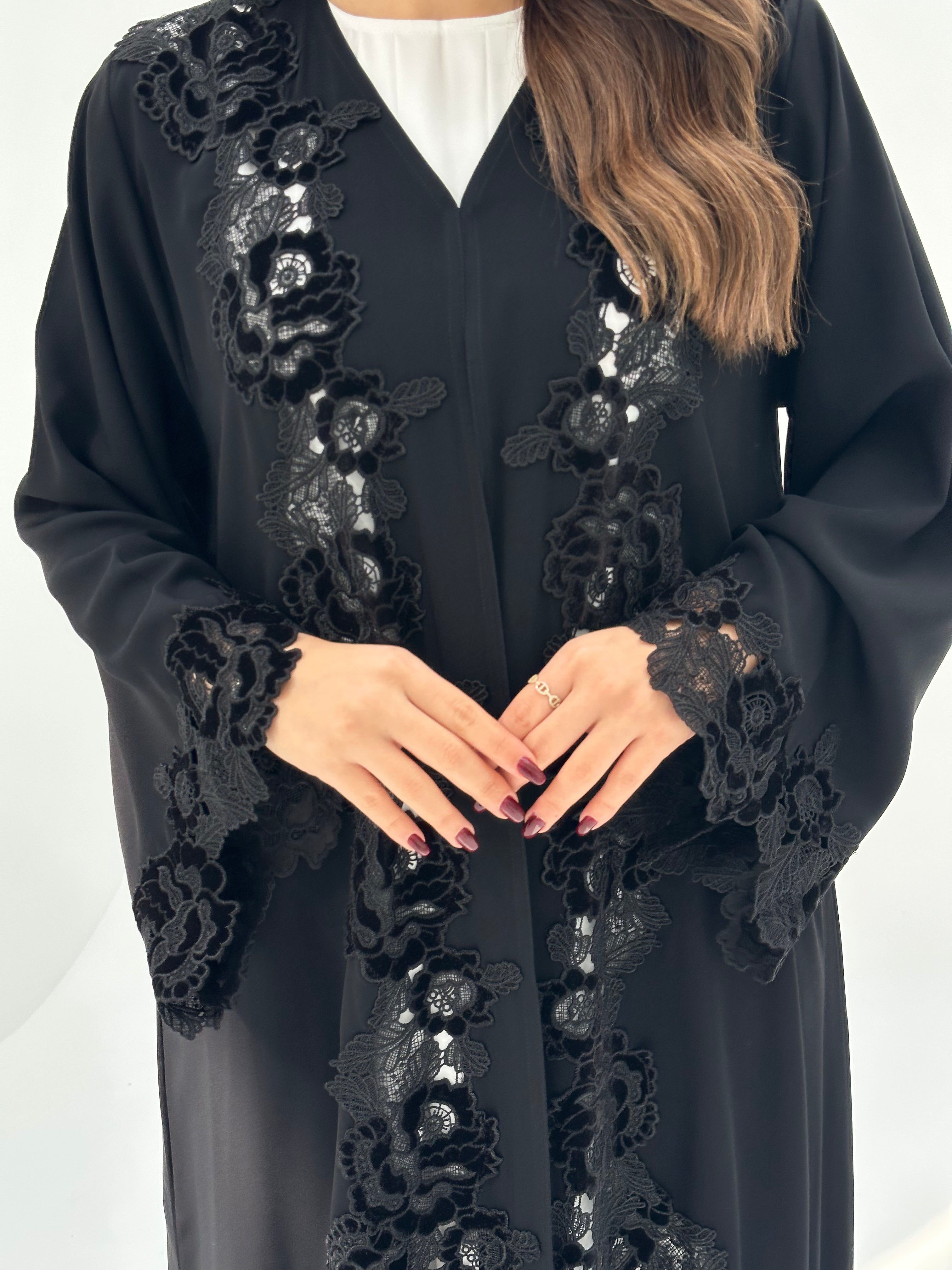 C 1676 Black Floral Lace Abaya