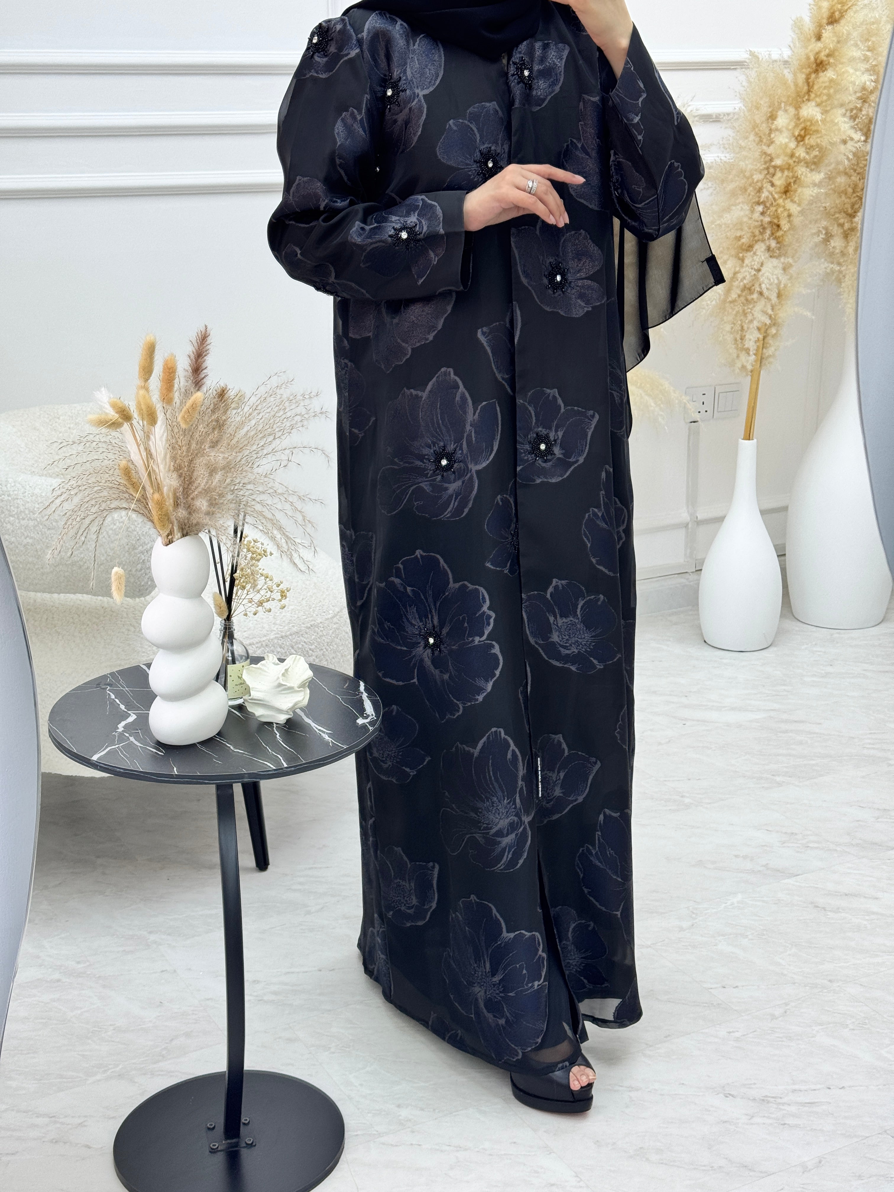 C 1135 Black Blue Organza Abaya