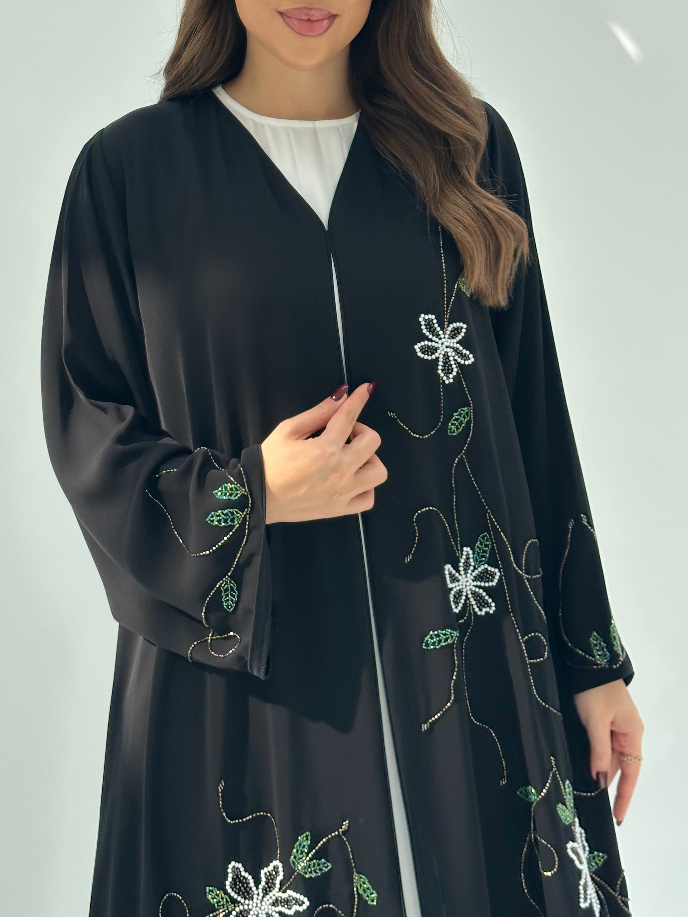 C 1678 Black Floral Beaded Abaya