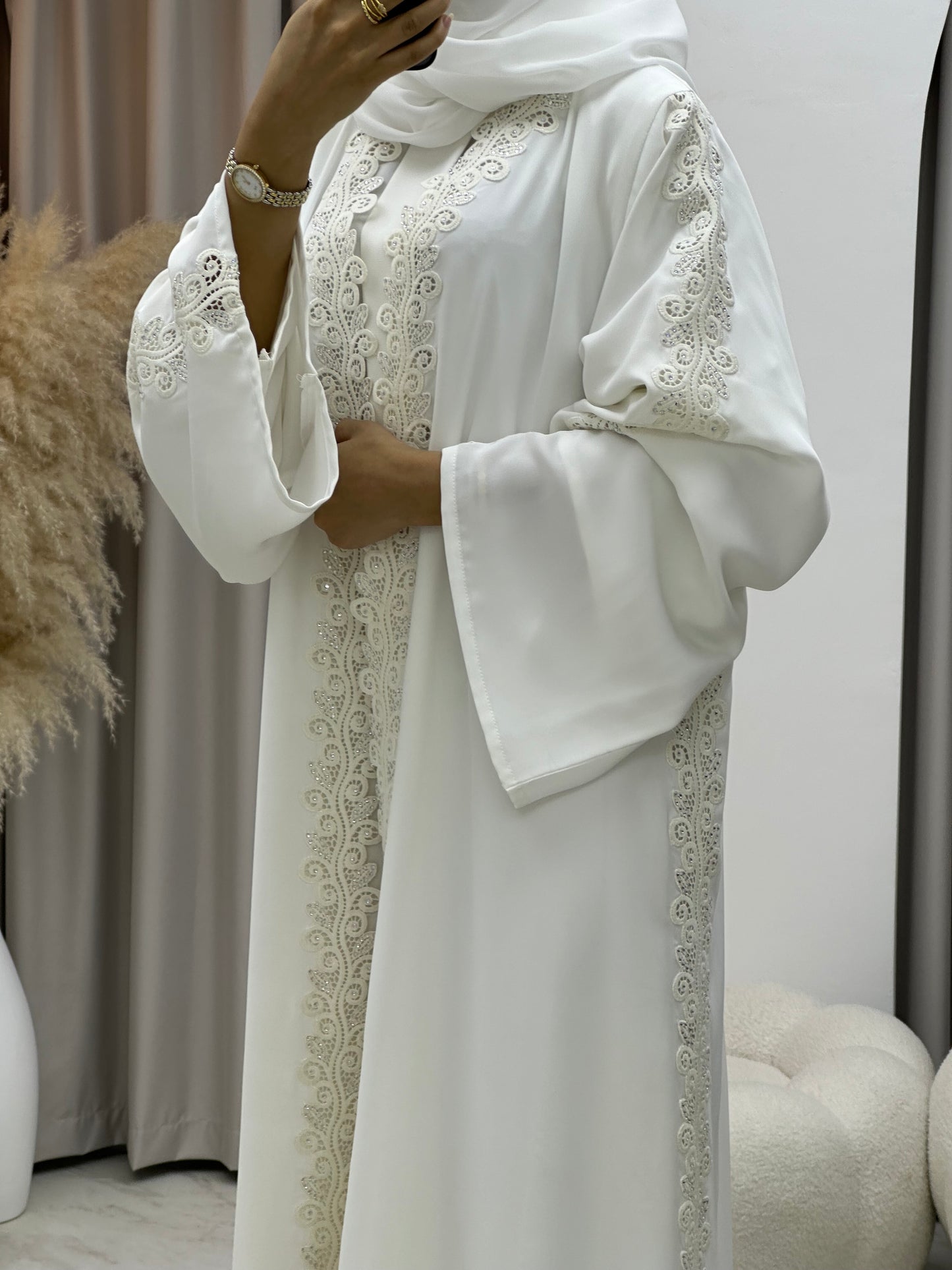 C 0277 White Lace Abaya