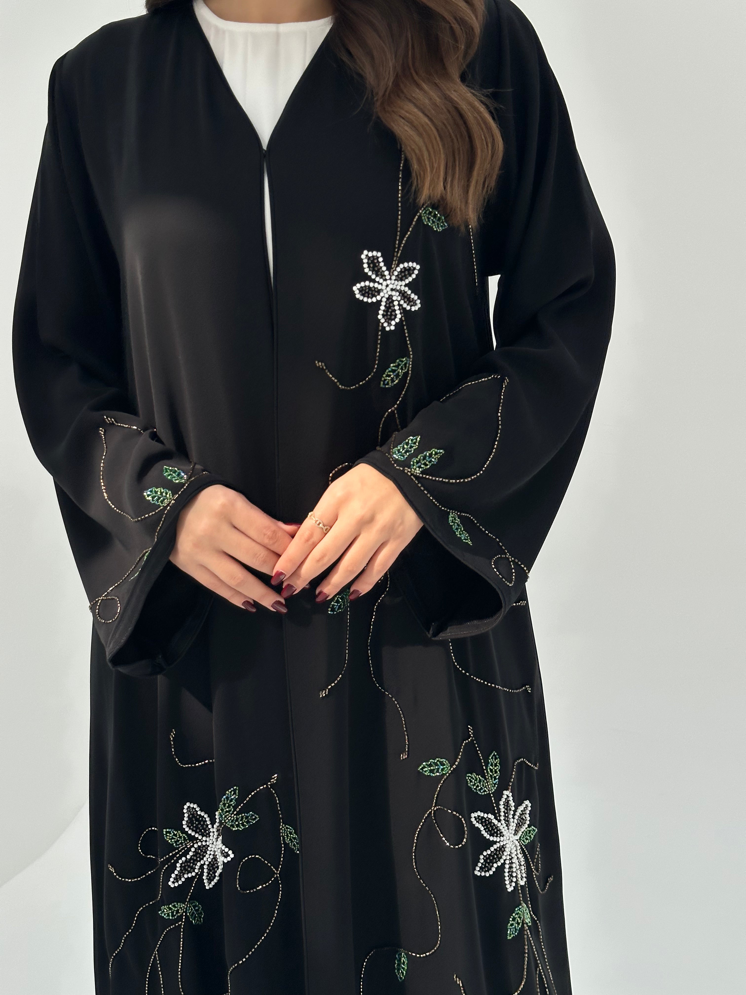 C 1678 Black Floral Beaded Abaya