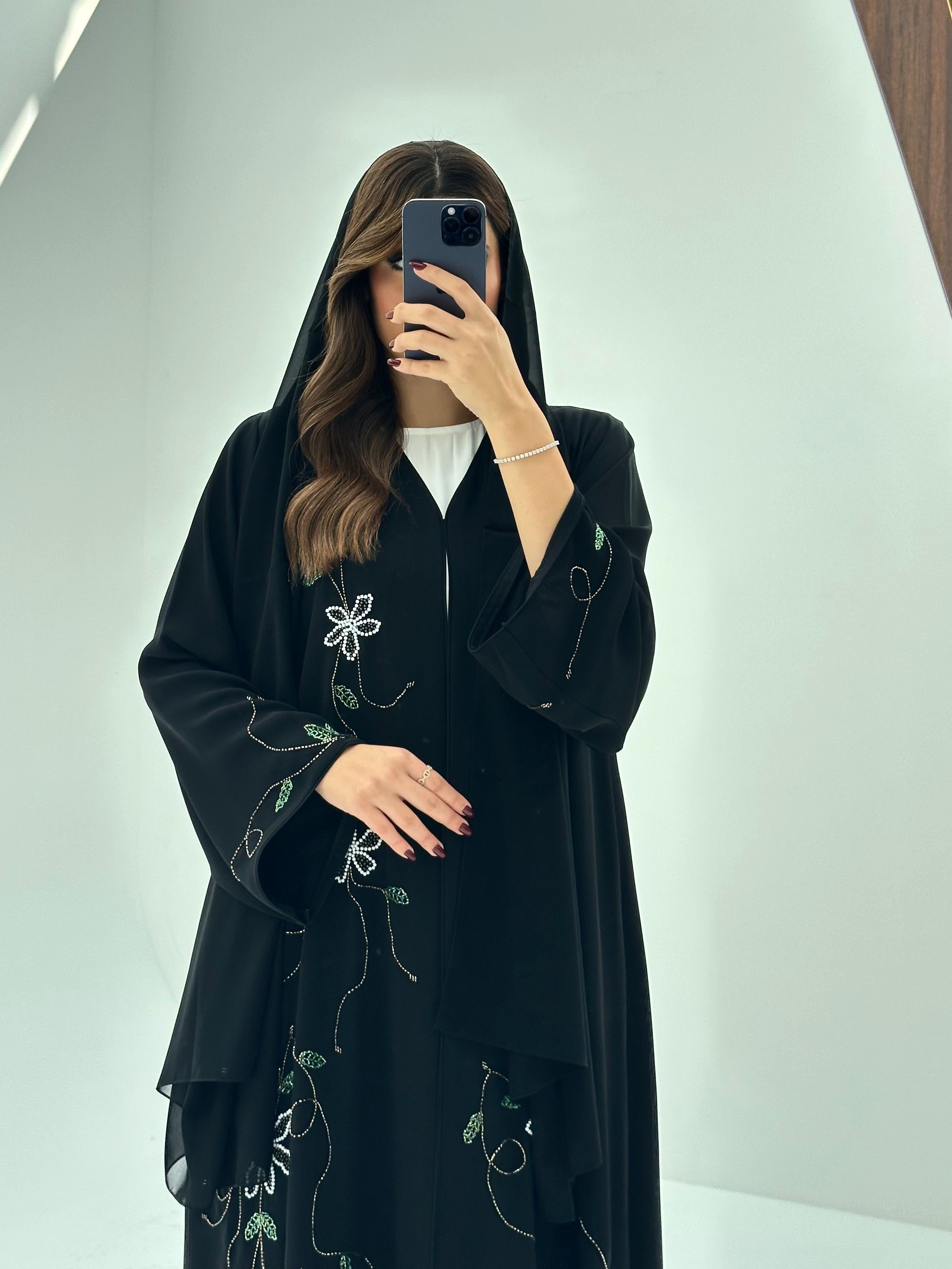 C 1678 Black Floral Beaded Abaya