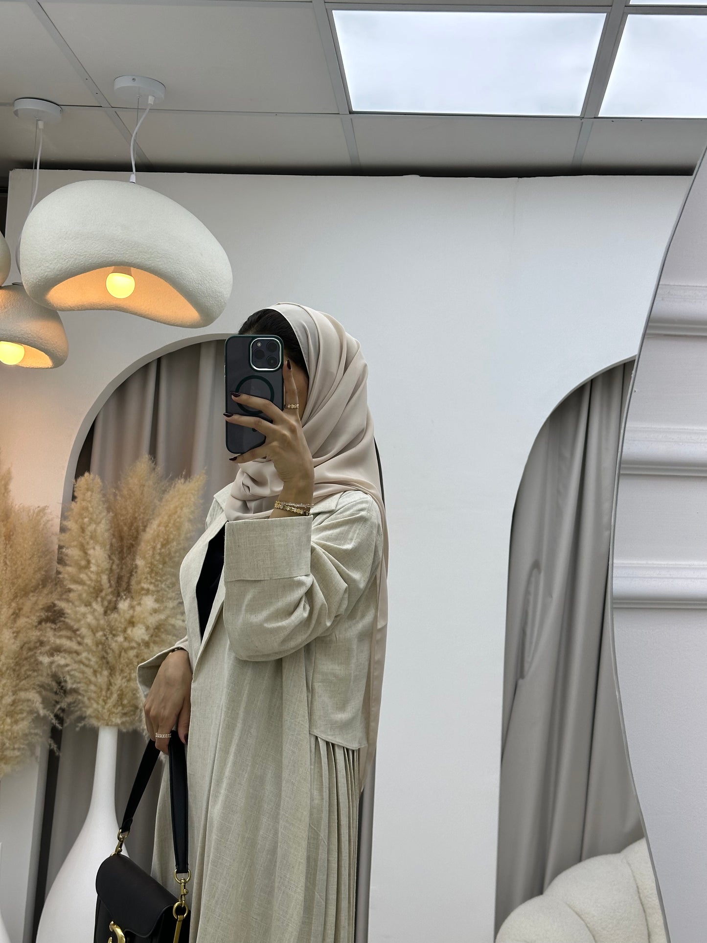 C 0105 Linen Beige Pleated Abaya