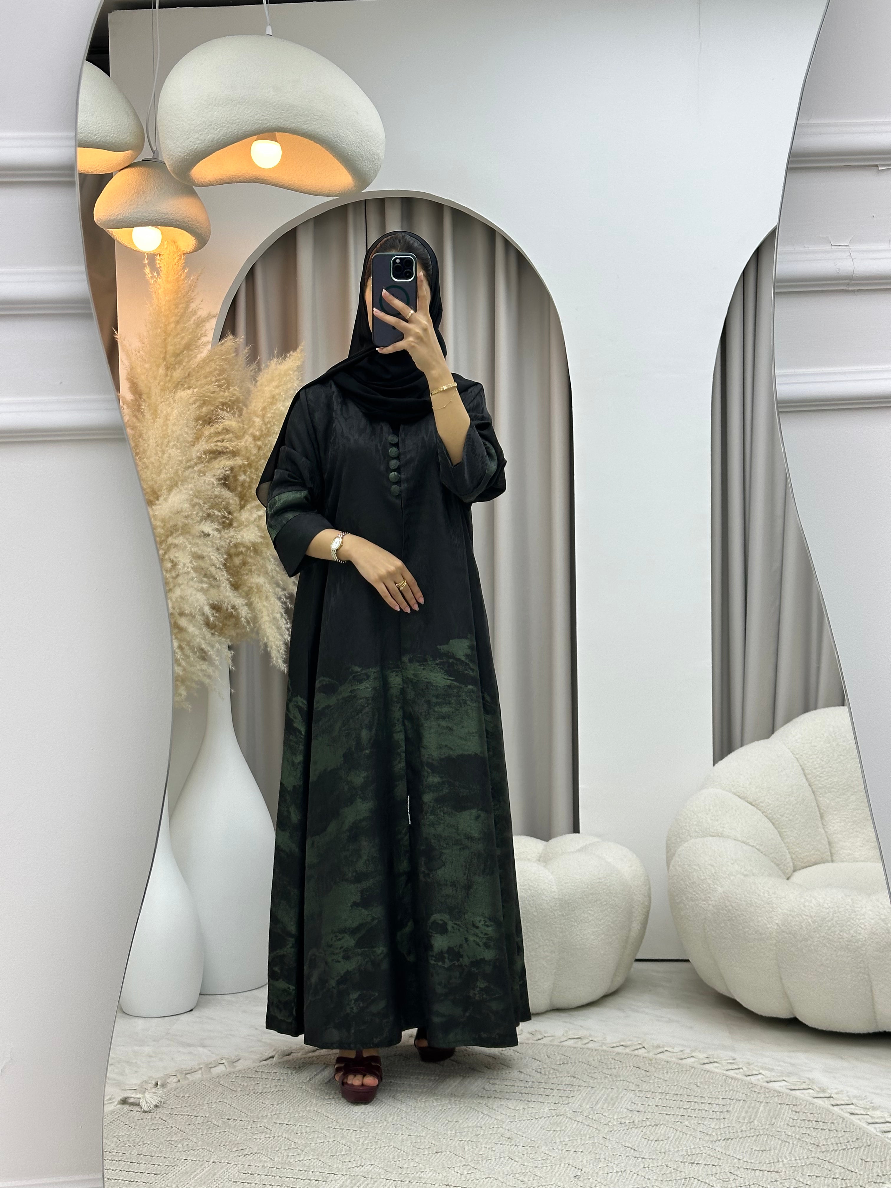 C RTW-U 0537 Black Green Jacquard Abaya