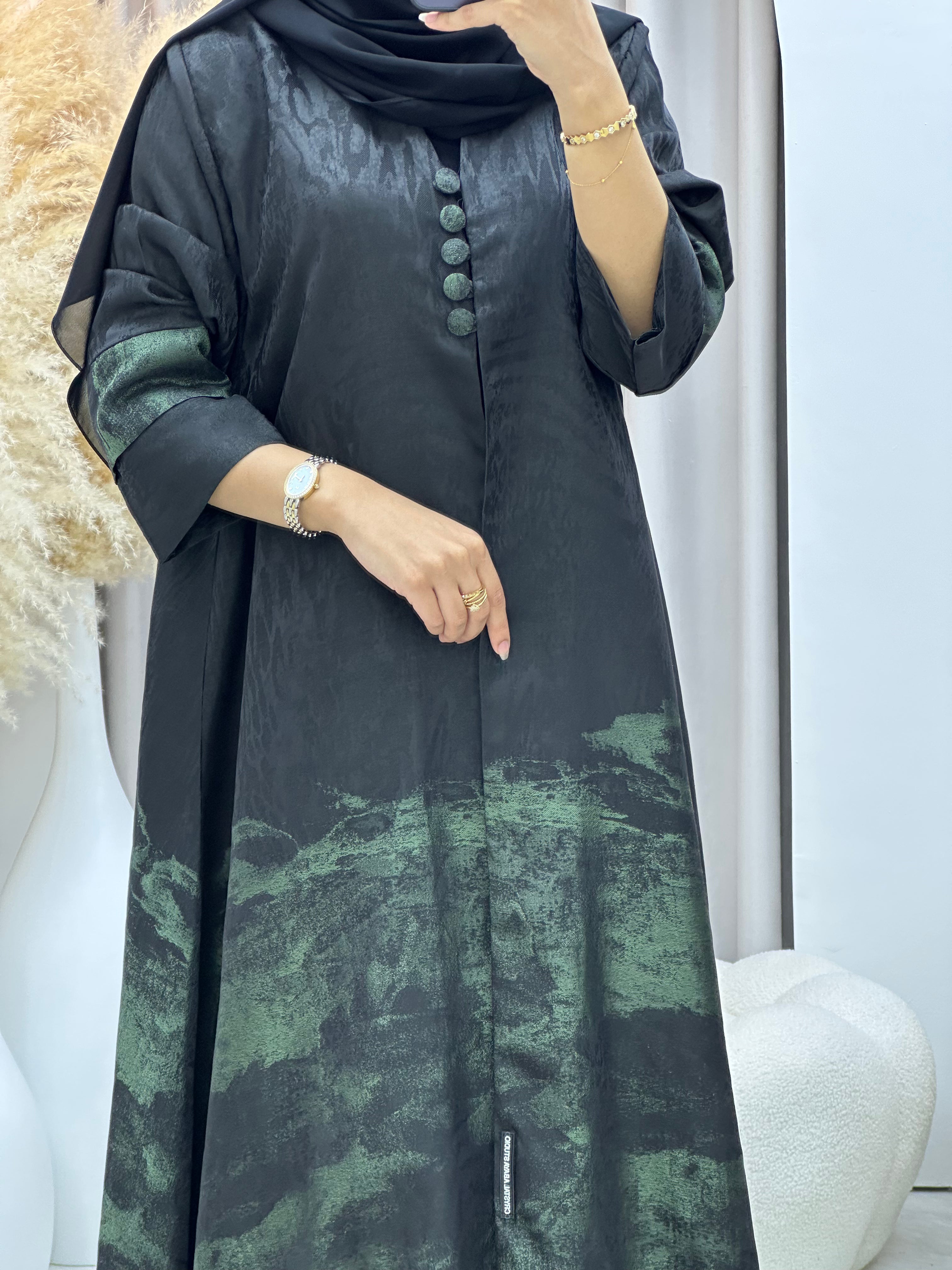 C RTW-U 0537 Black Green Jacquard Abaya
