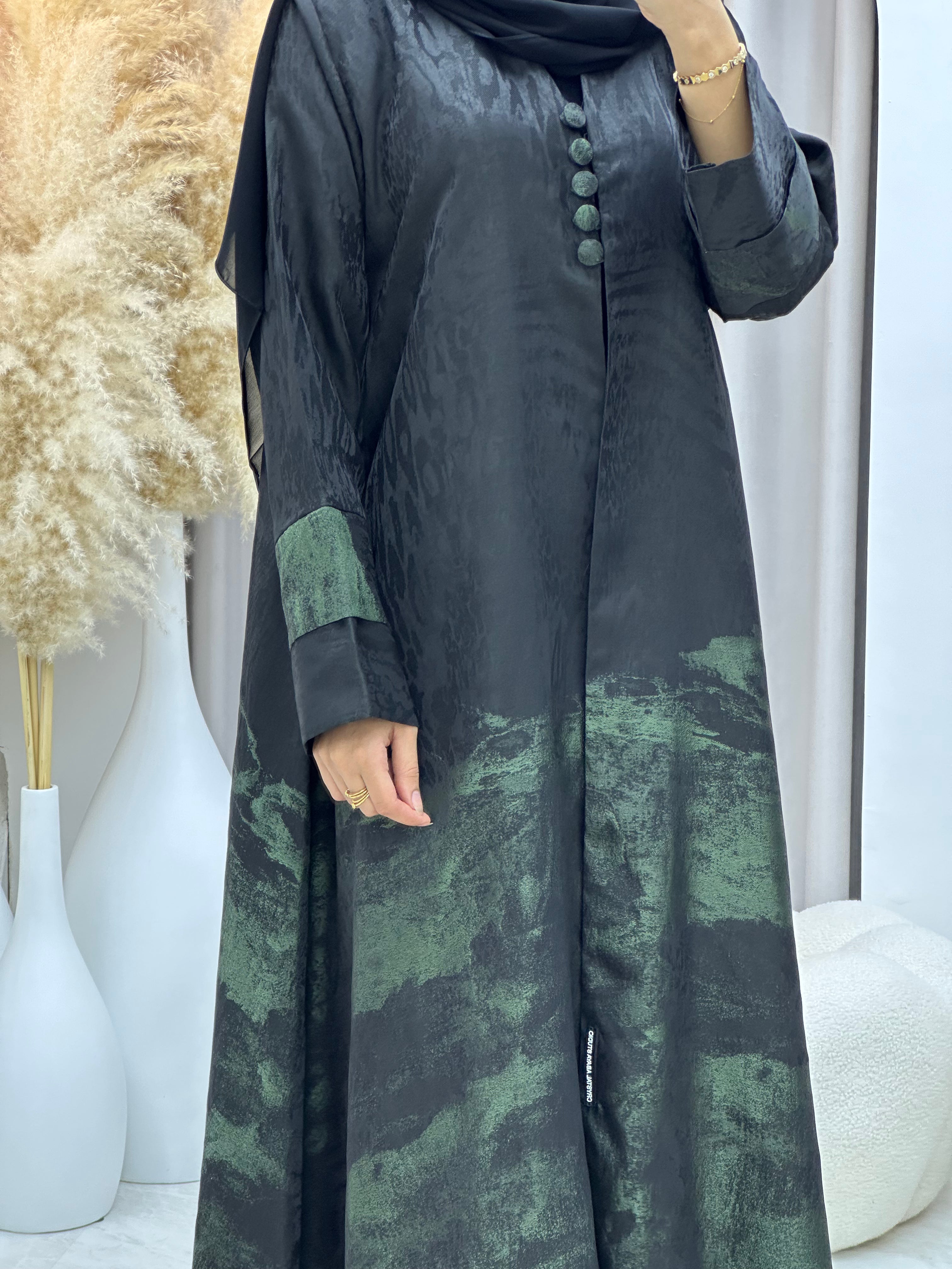 C RTW-U 0537 Black Green Jacquard Abaya
