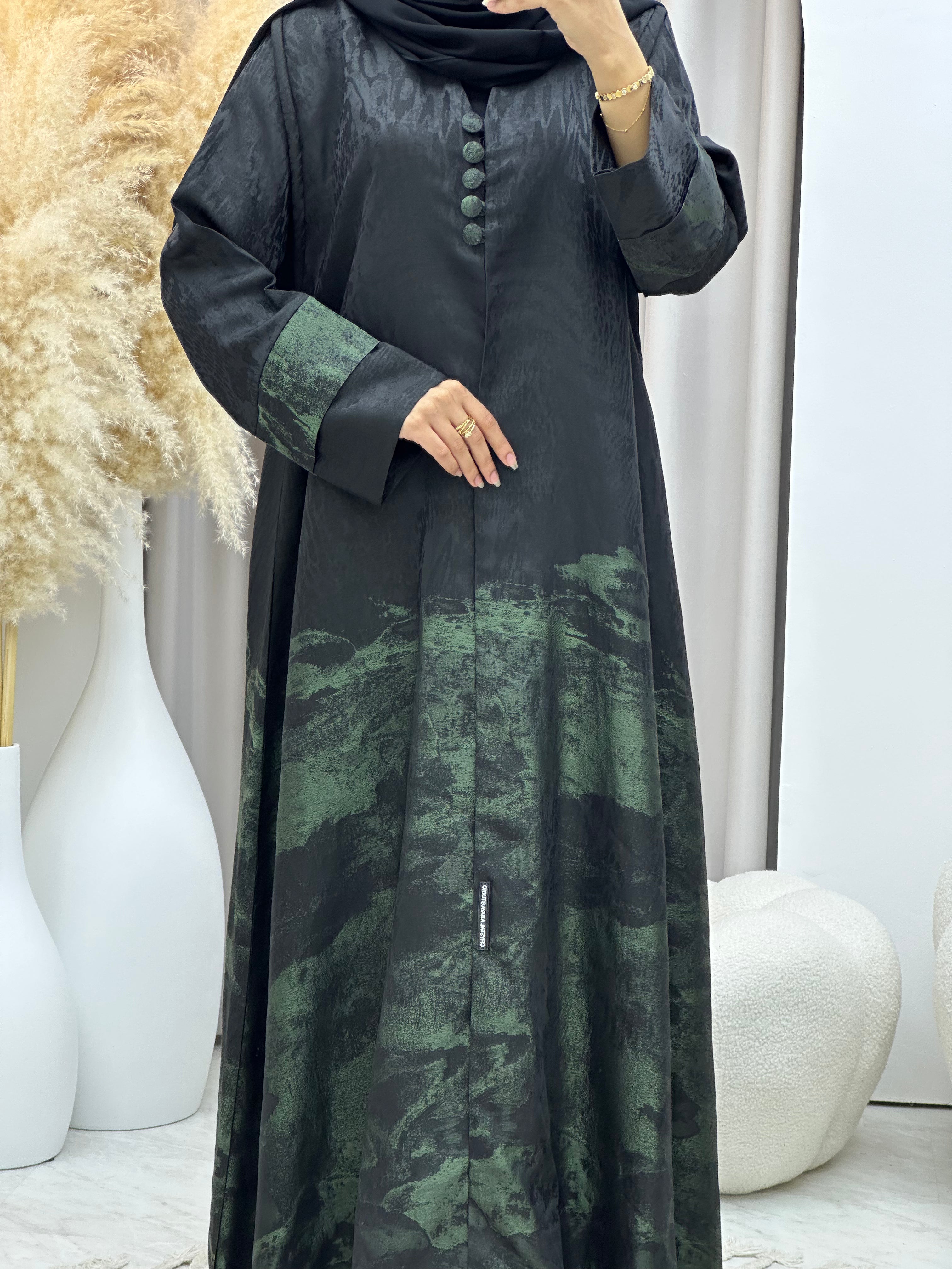C RTW-U 0537 Black Green Jacquard Abaya