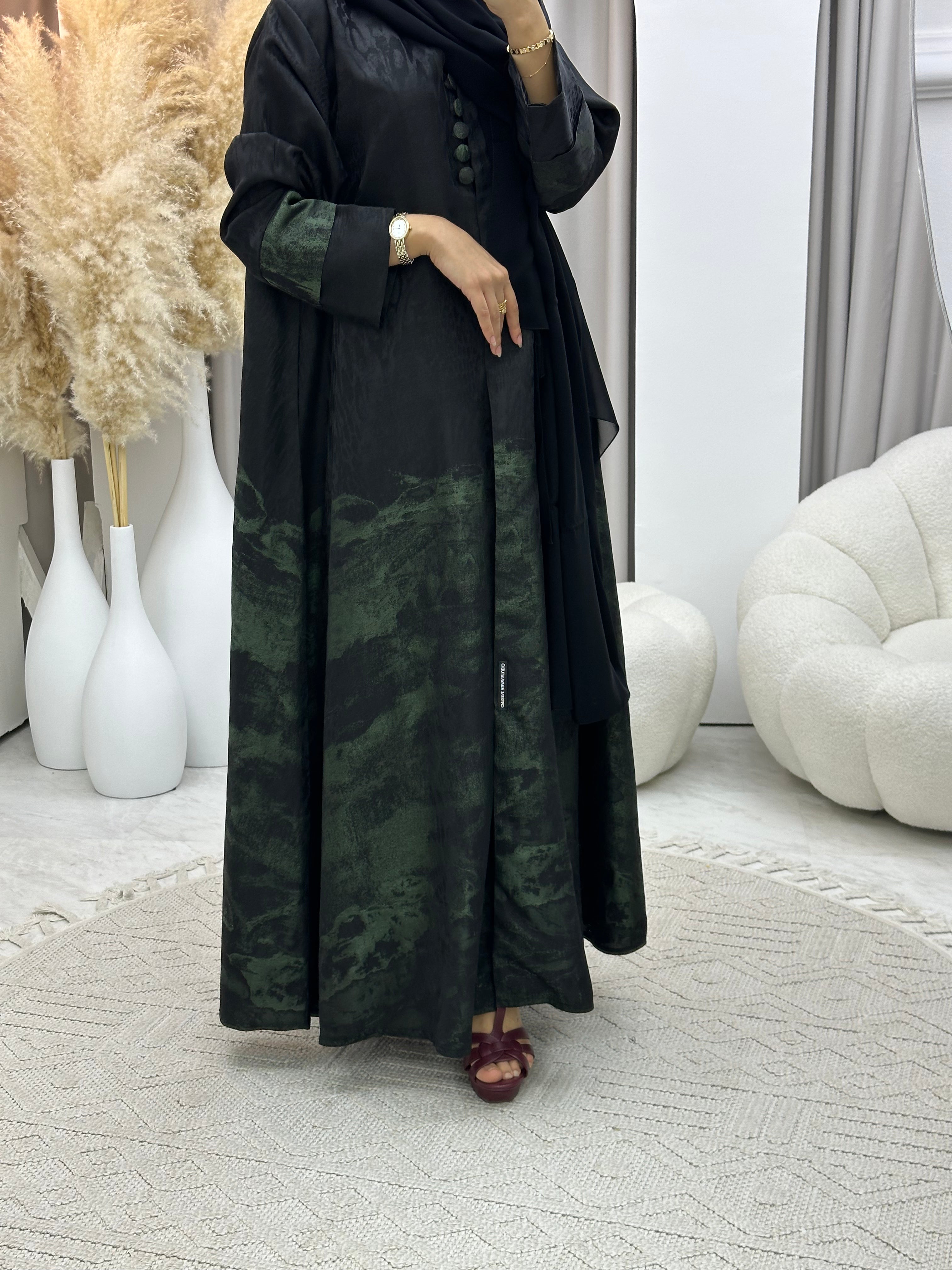 C RTW-U 0537 Black Green Jacquard Abaya