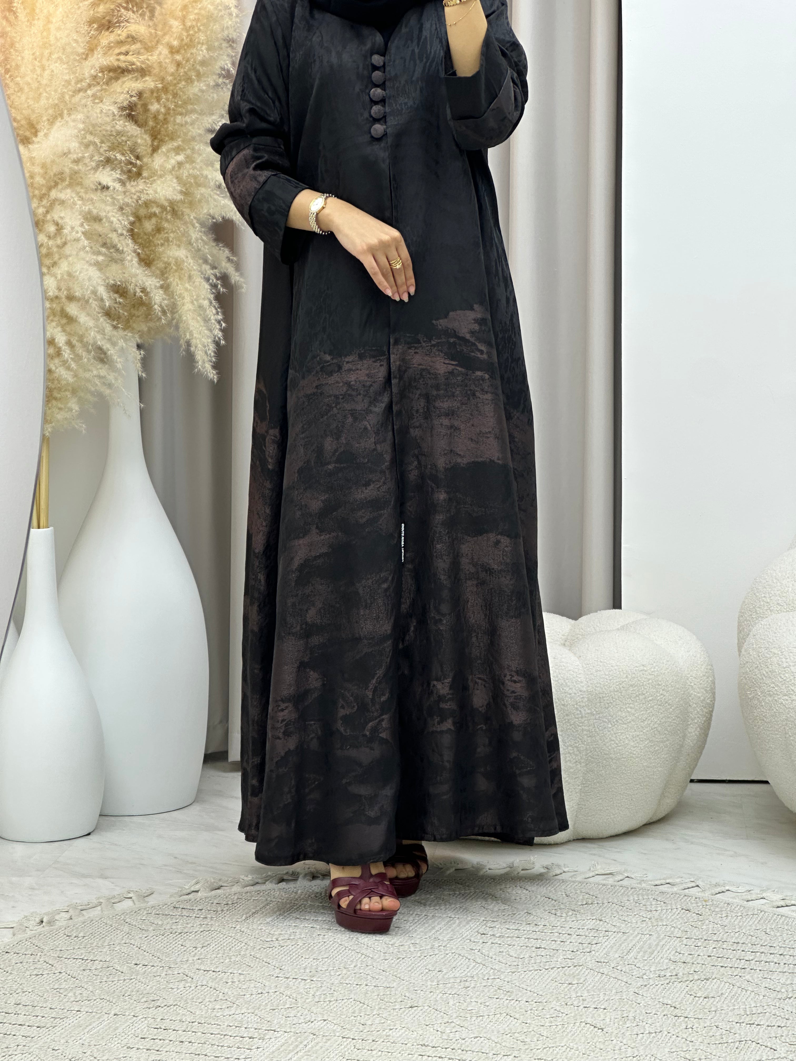 C RTW-U 0538 Black Rose Gold Jacquard Abaya
