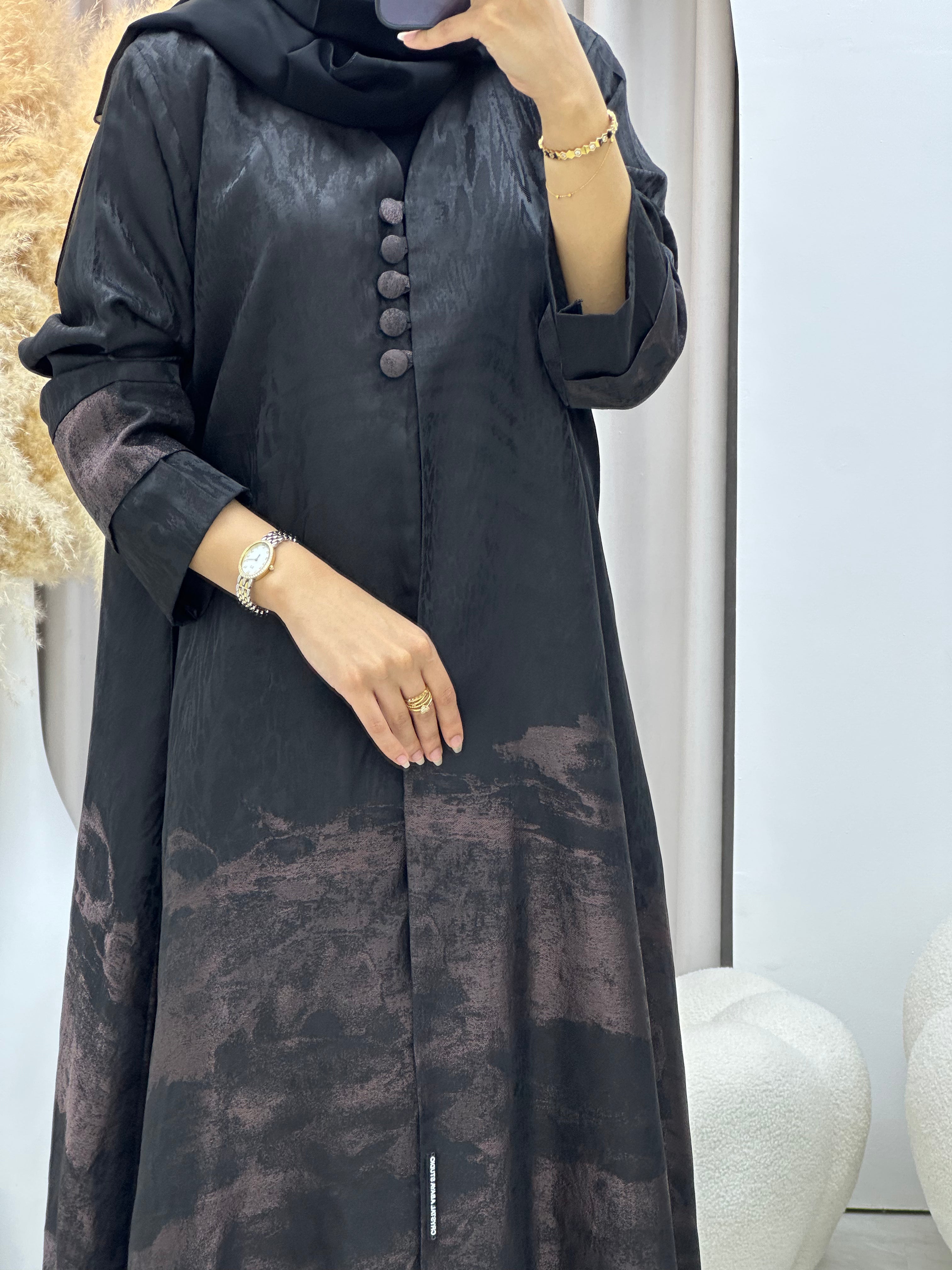 C RTW-U 0538 Black Rose Gold Jacquard Abaya