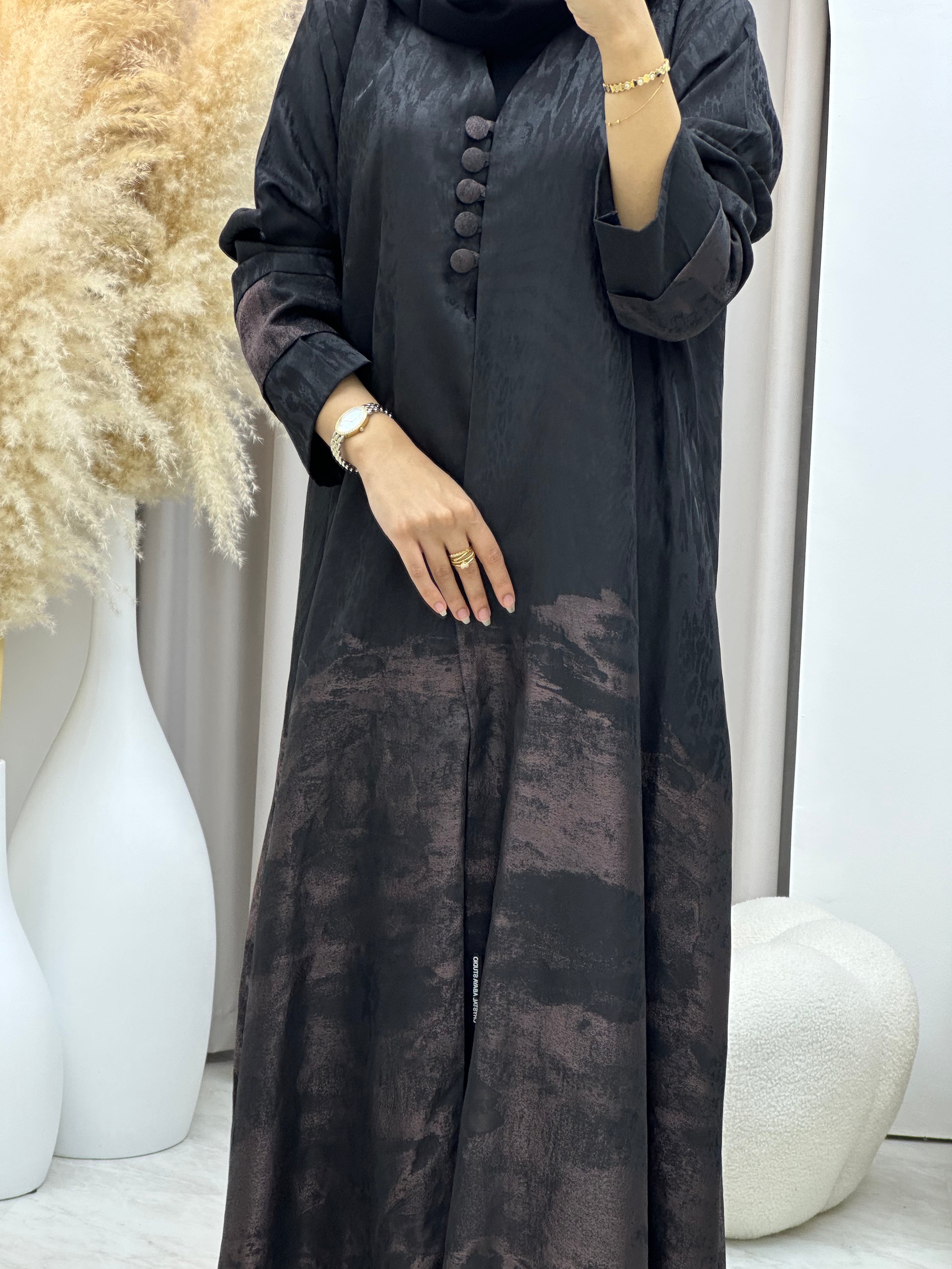 C RTW-U 0538 Black Rose Gold Jacquard Abaya