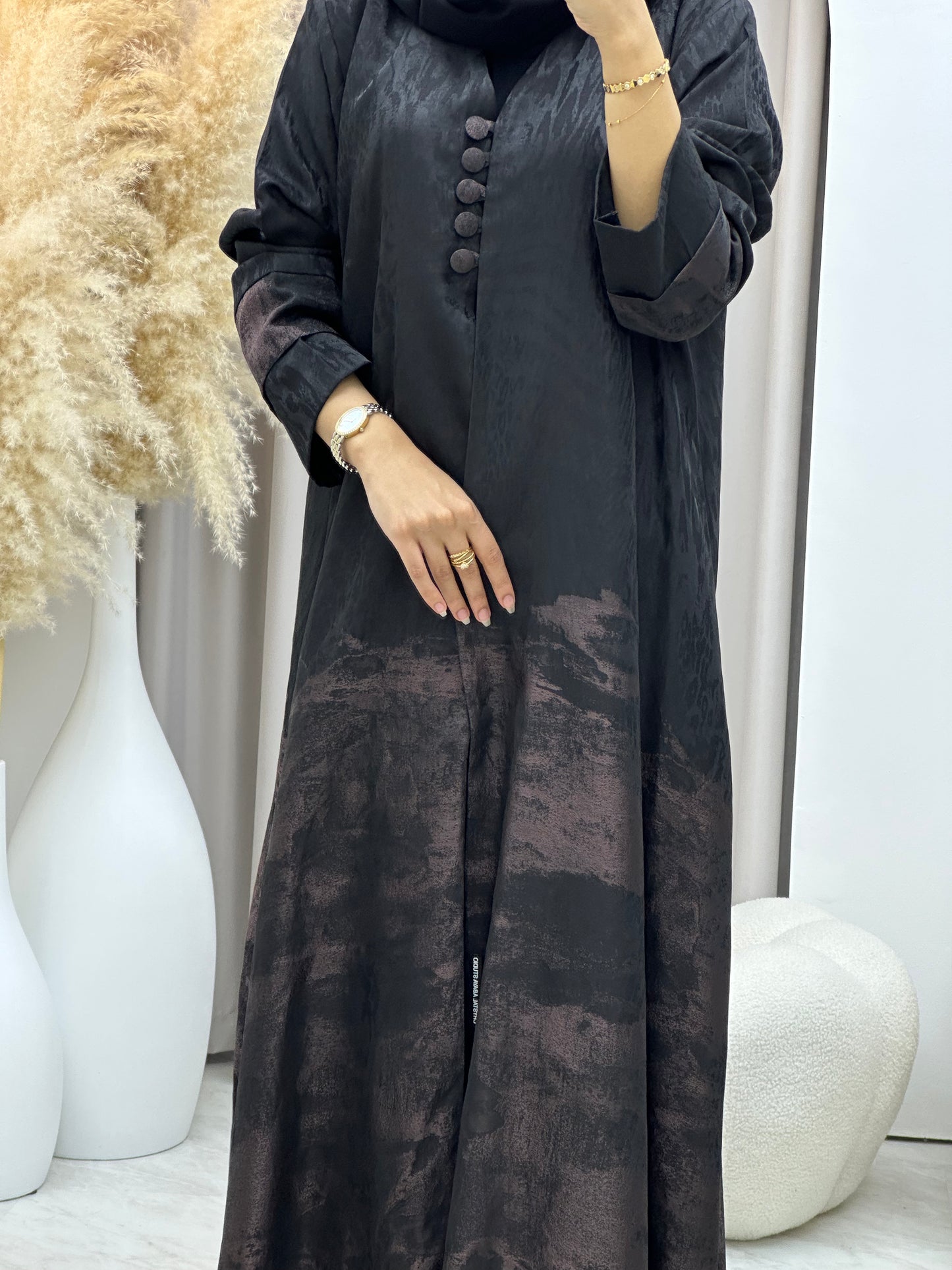 C 0538 Black Rose Gold Jacquard Abaya