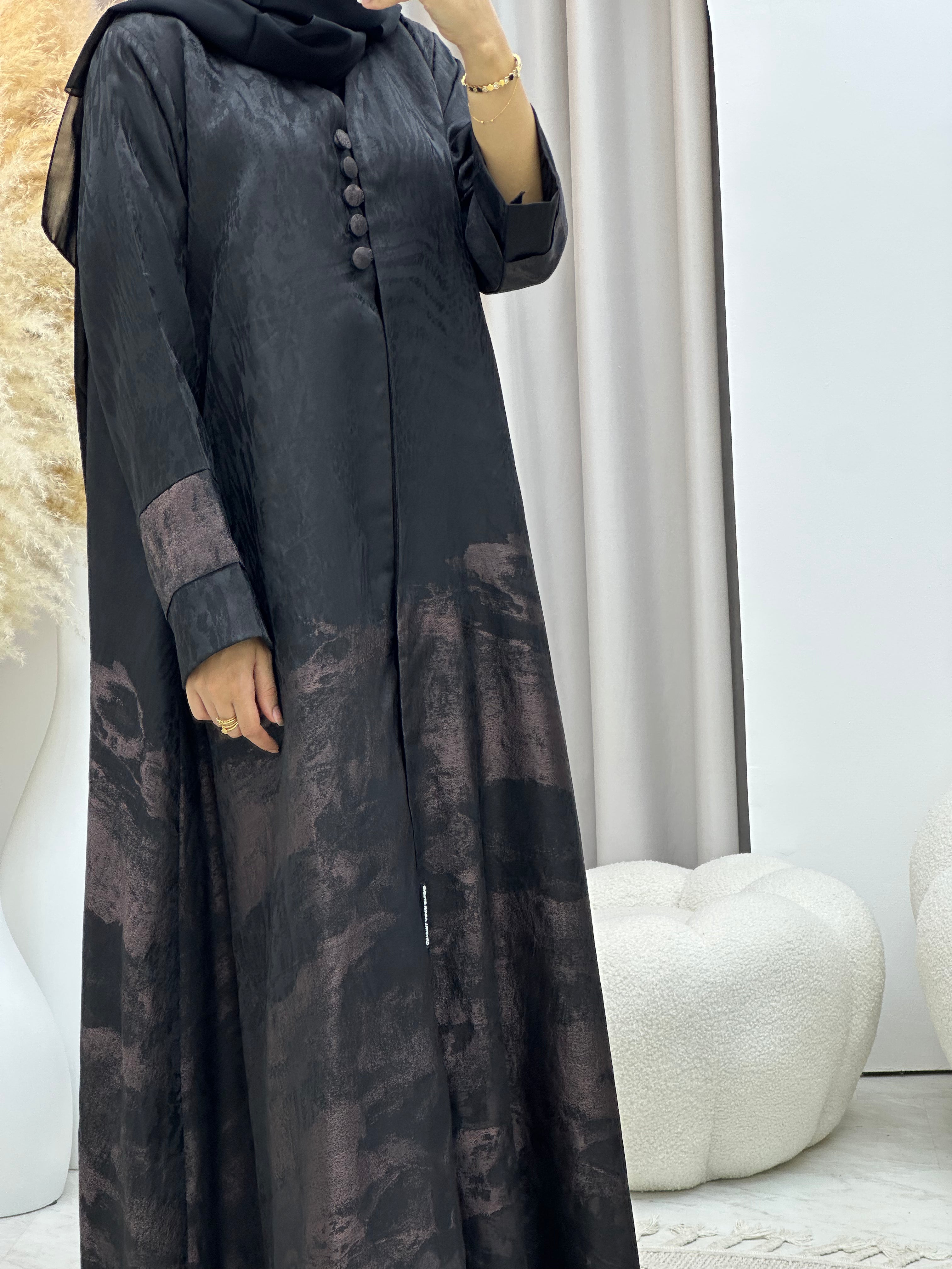 C RTW-U 0538 Black Rose Gold Jacquard Abaya