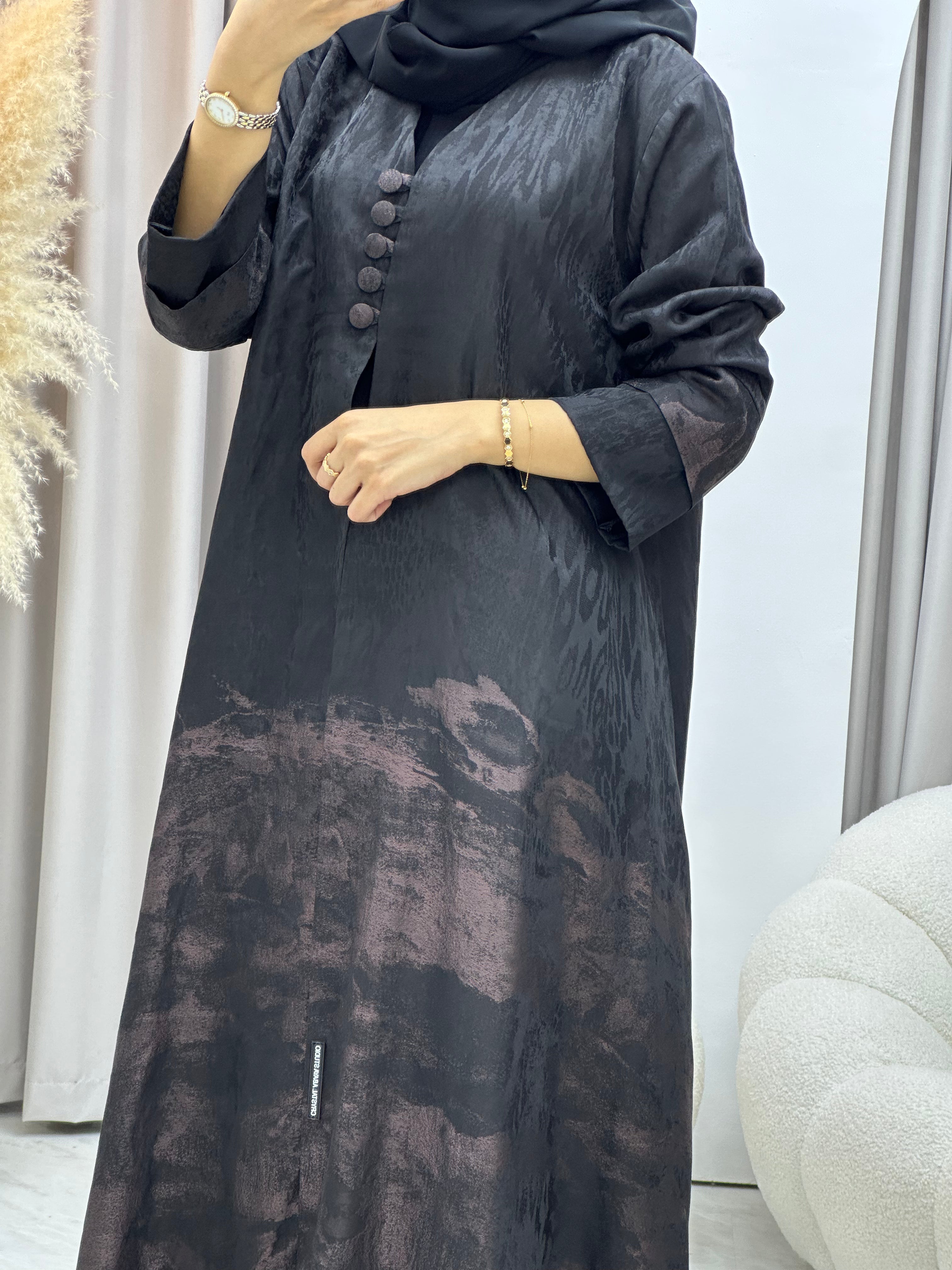 C RTW-U 0538 Black Rose Gold Jacquard Abaya