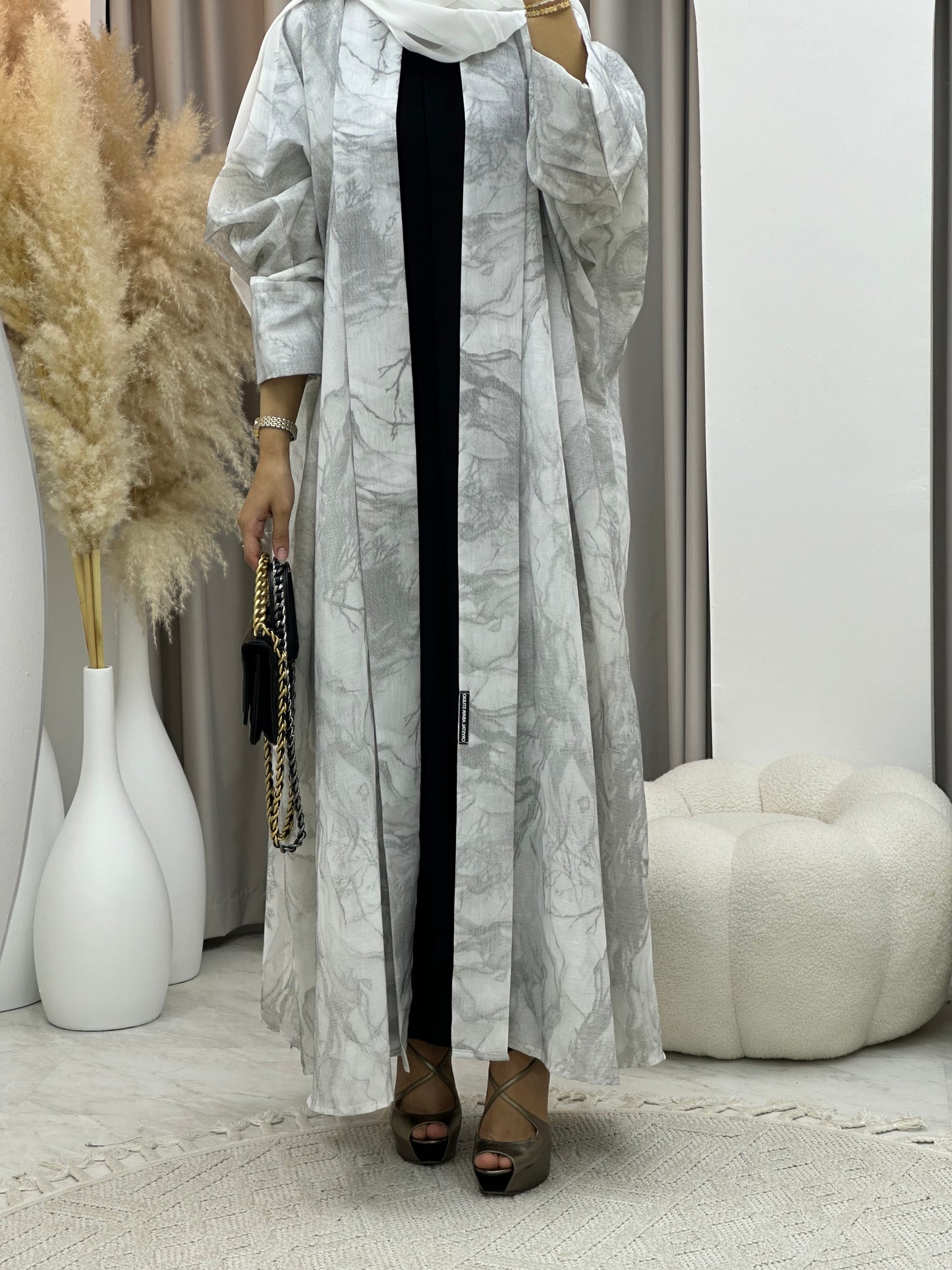 C 0283-02 Marble Print White Abaya