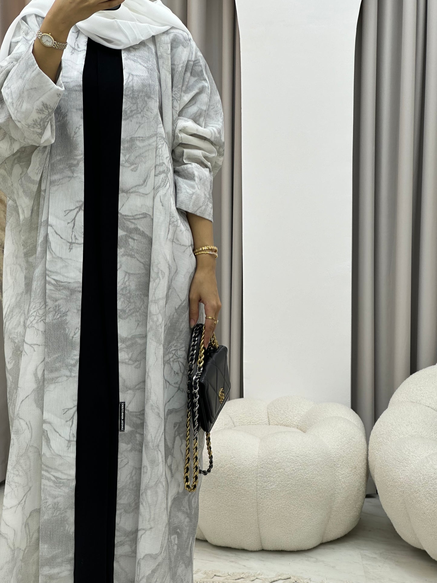 C 0283-02 Marble Print White Abaya