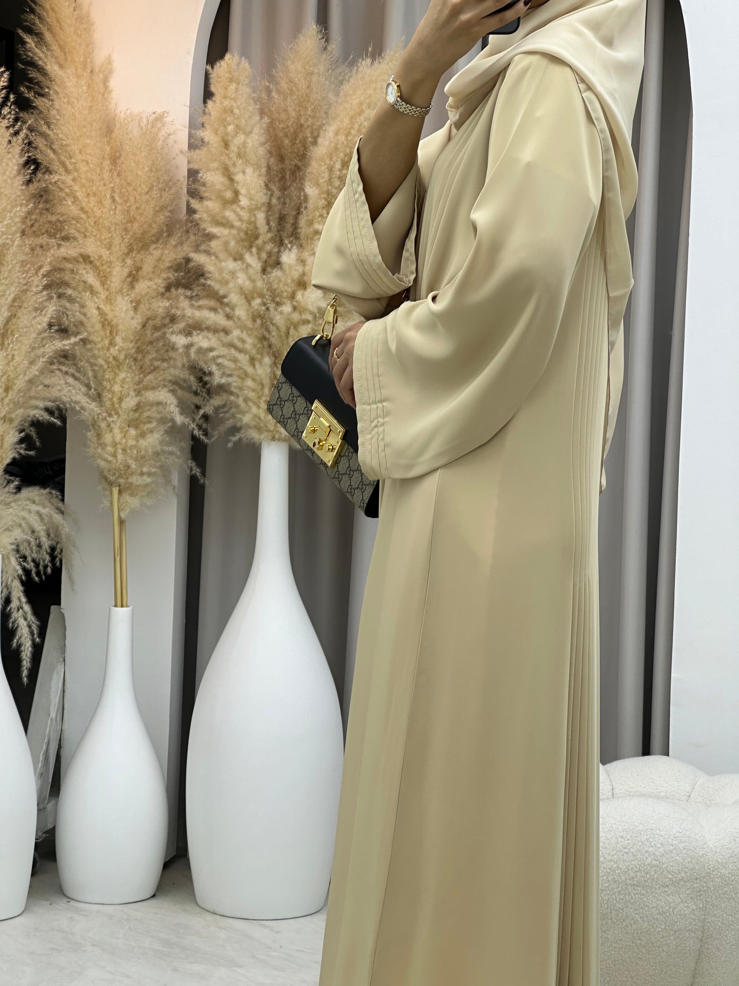 C 0109-02 Beige Pleated Abaya