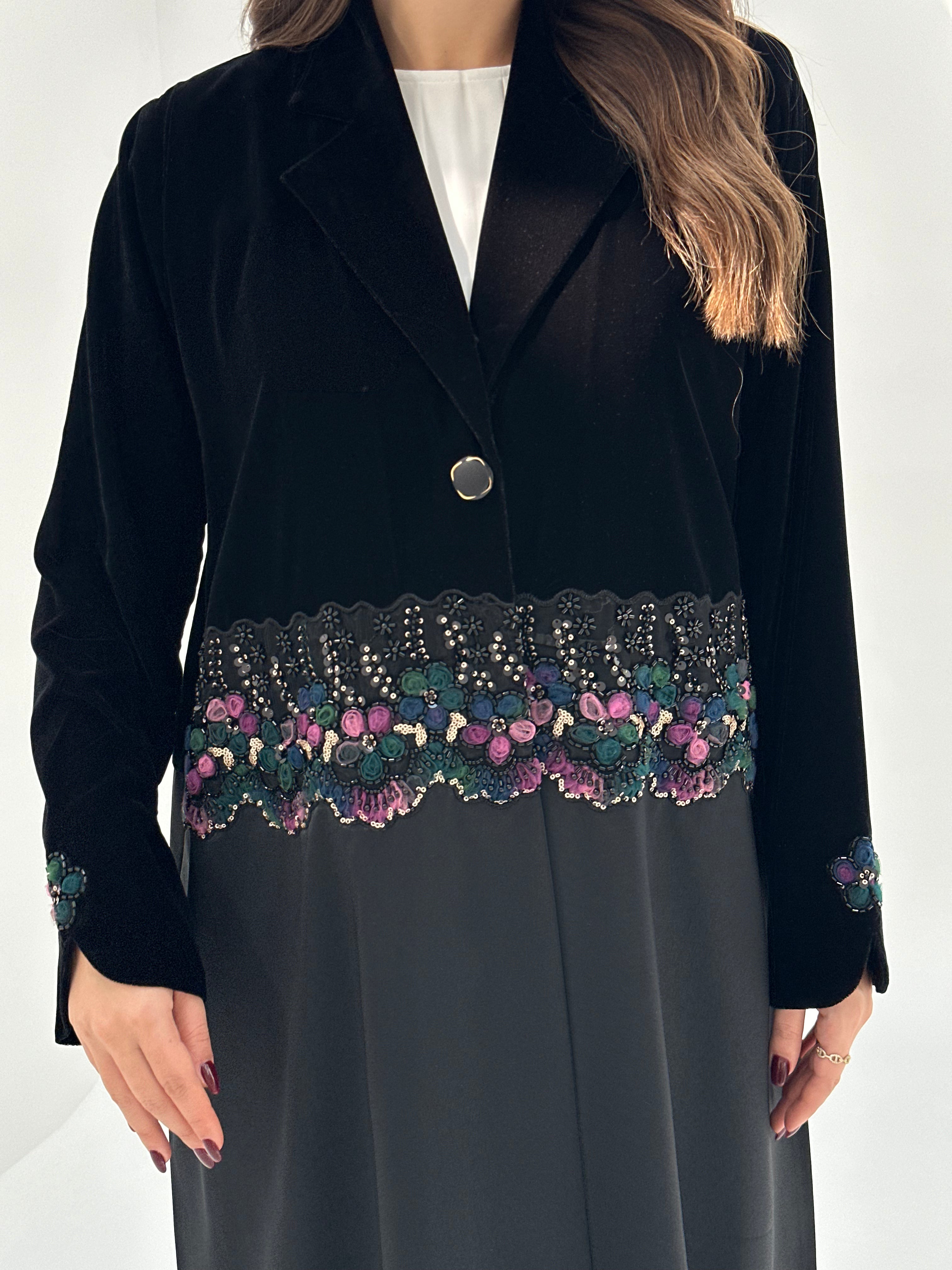 C 1687 Black Velvet Beaded Abaya