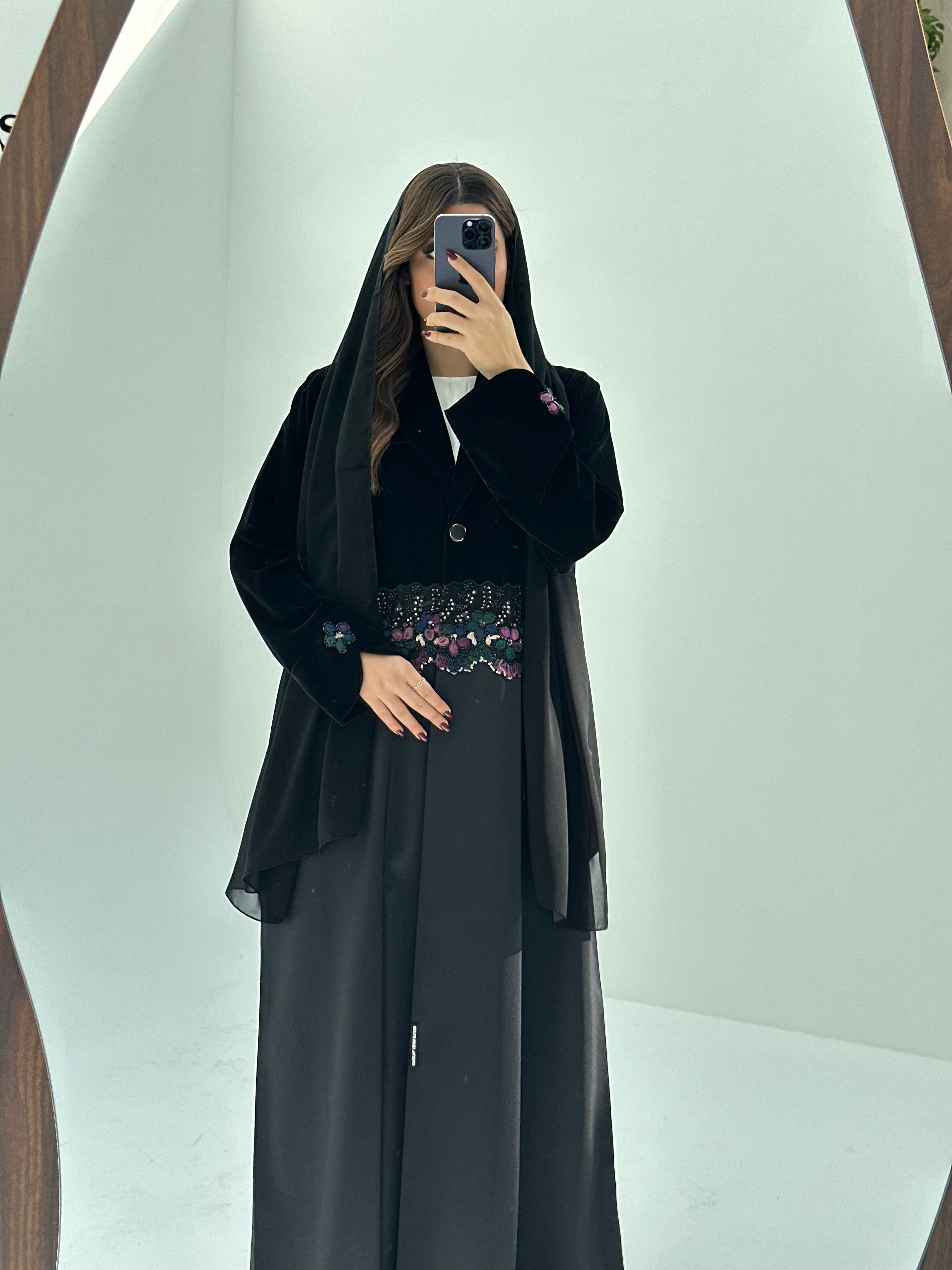 C 1687 Black Velvet Beaded Abaya