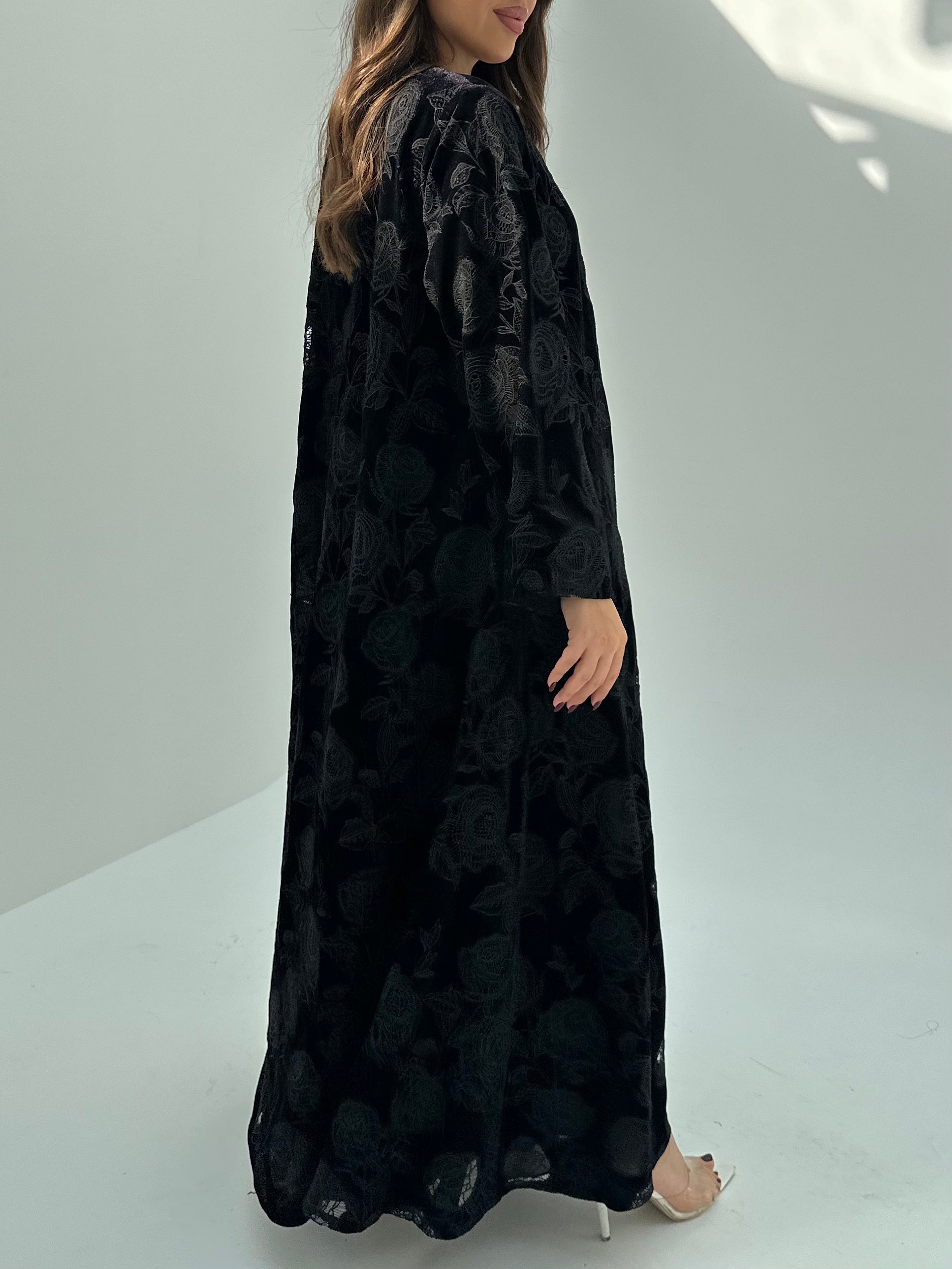 C 1688 Black Velvet Dantel Abaya