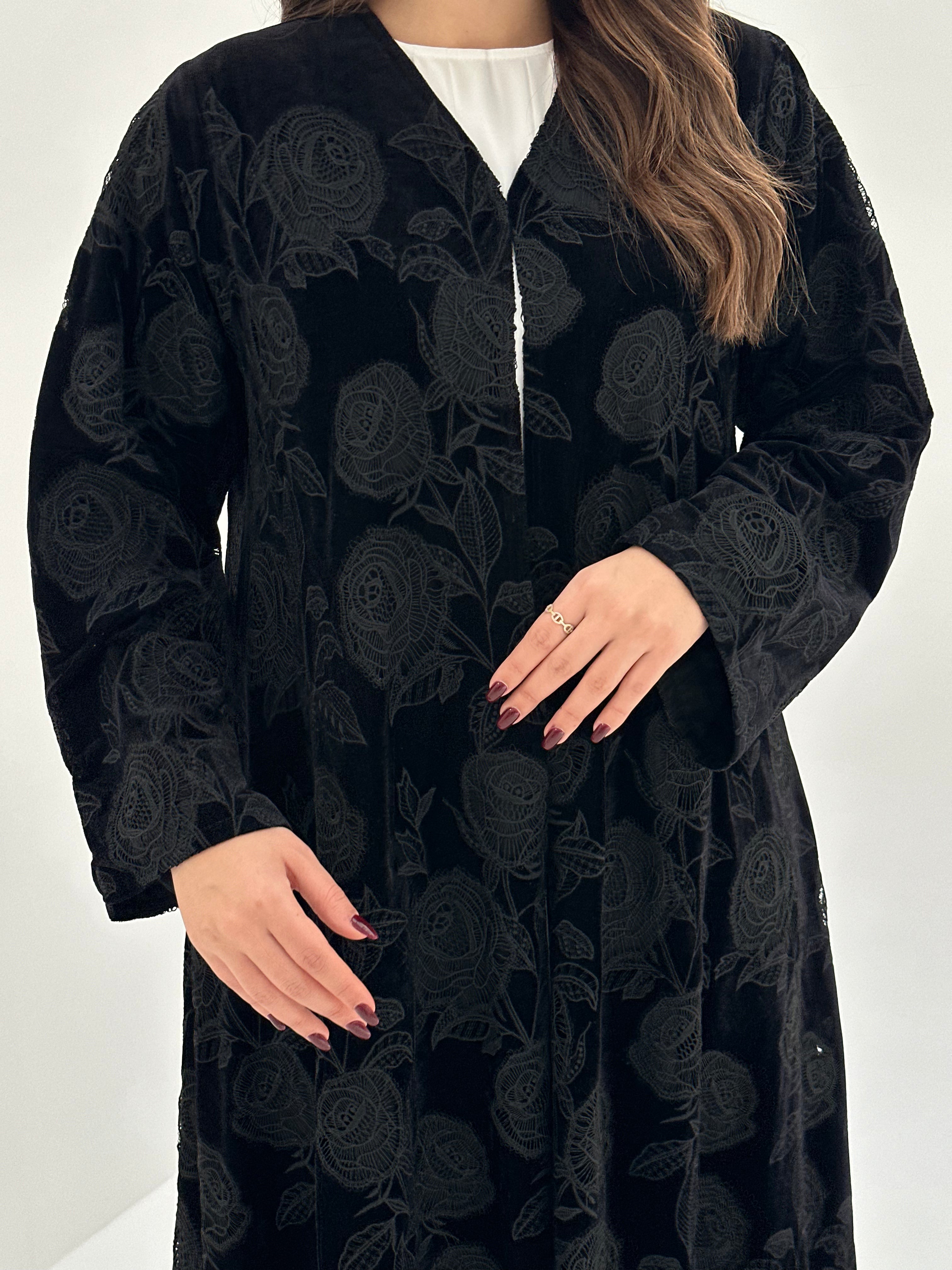 C 1688 Black Velvet Dantel Abaya