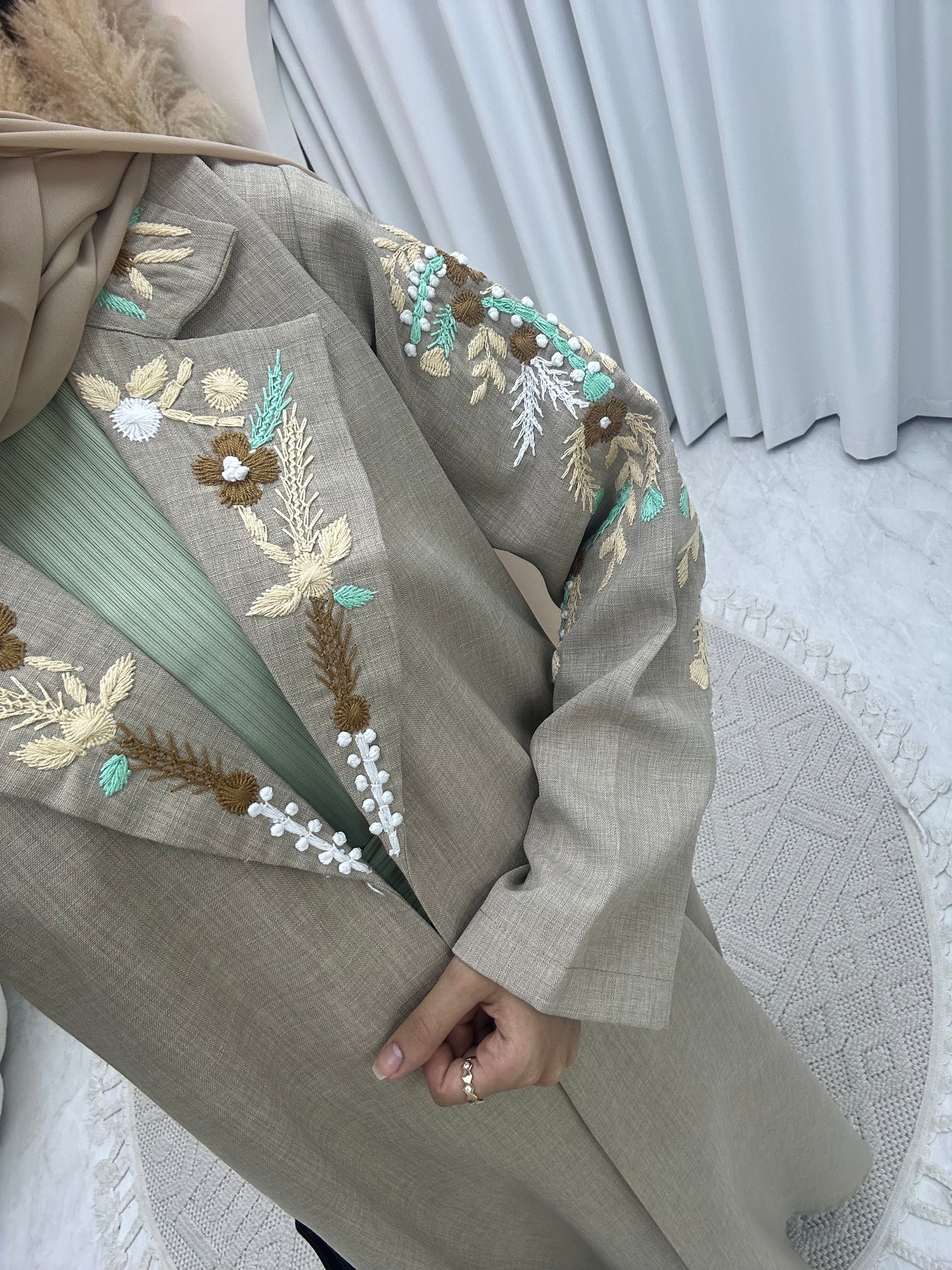 C 0115 Beige Embroidery Coat Abaya