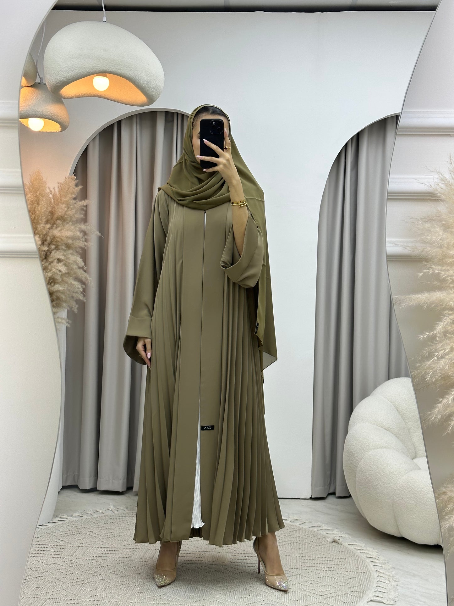 C Plain Army Green Pleated Abaya Set