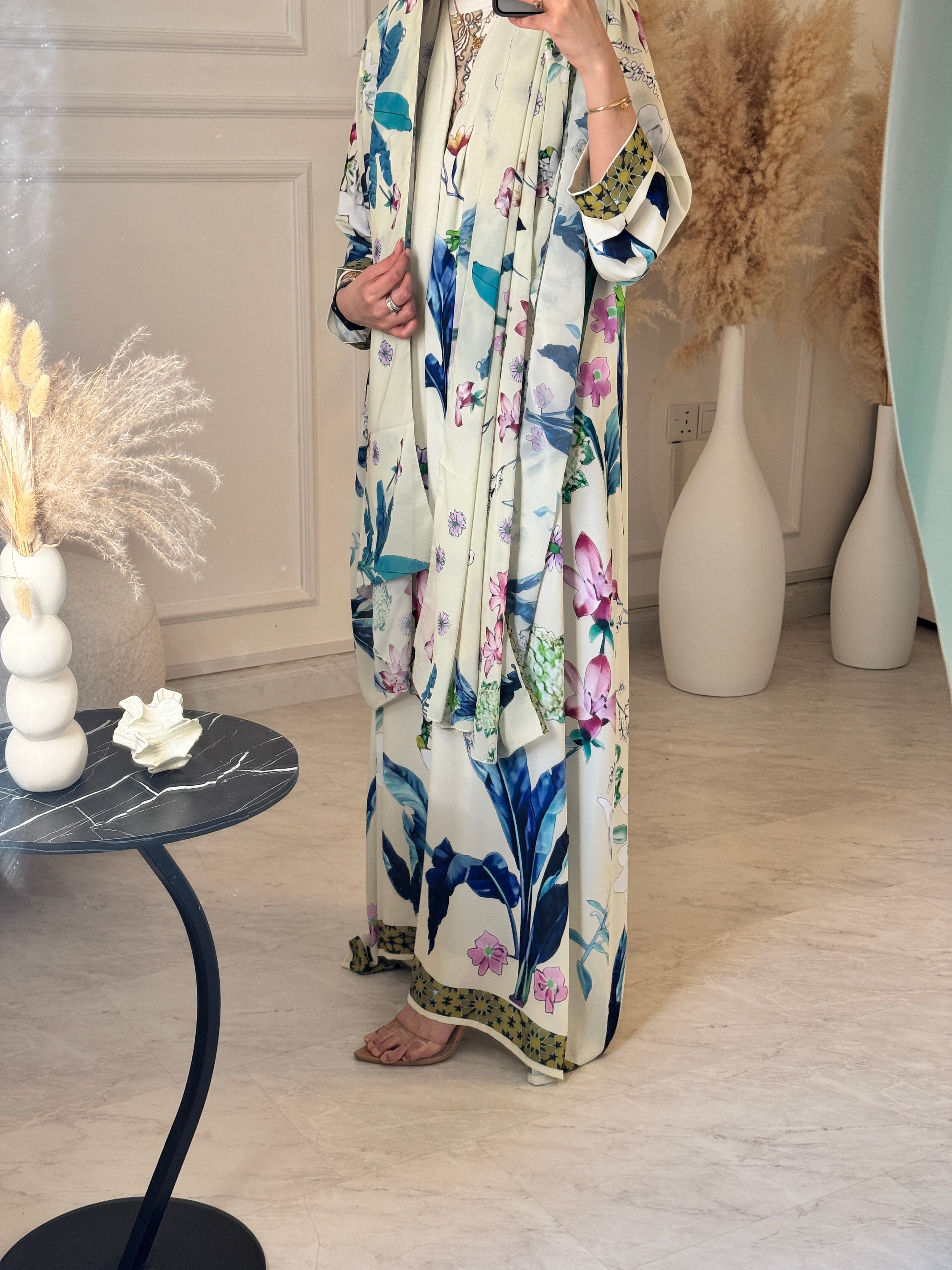 C 1209 Beige Printed Abaya