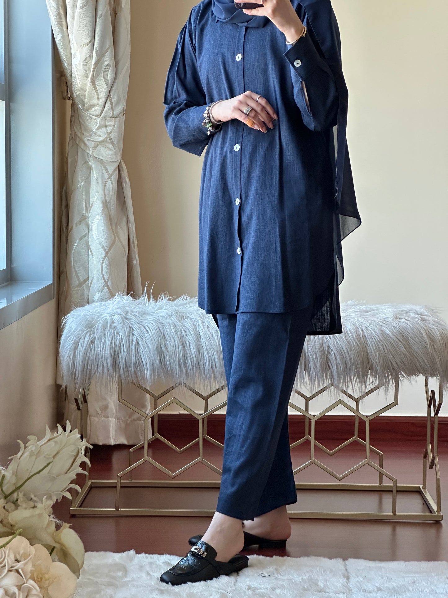 C-Navy Blue Summer Linen Travel Abaya Set