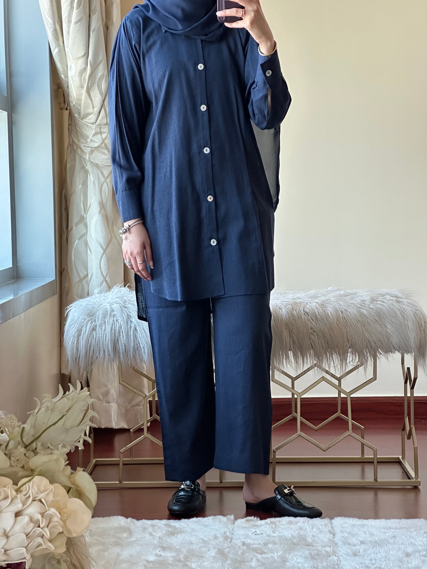 C-Navy Blue Summer Linen Travel Abaya Set