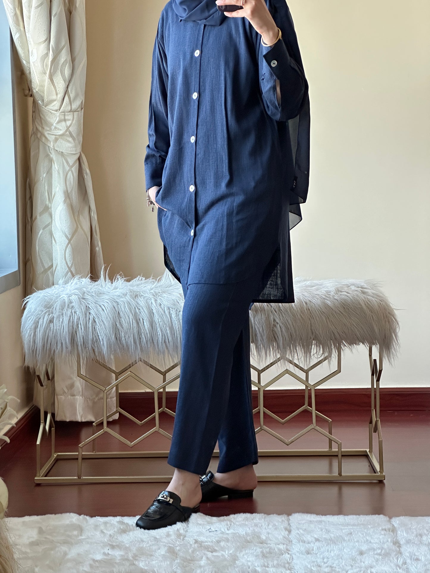 C-Navy Blue Summer Linen Travel Abaya Set