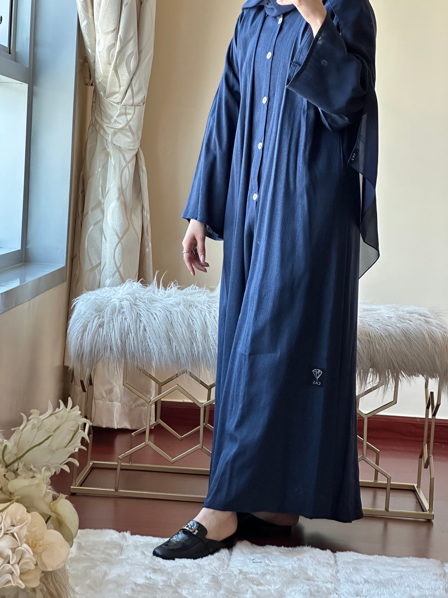 C-Navy Blue Summer Linen Travel Abaya Set