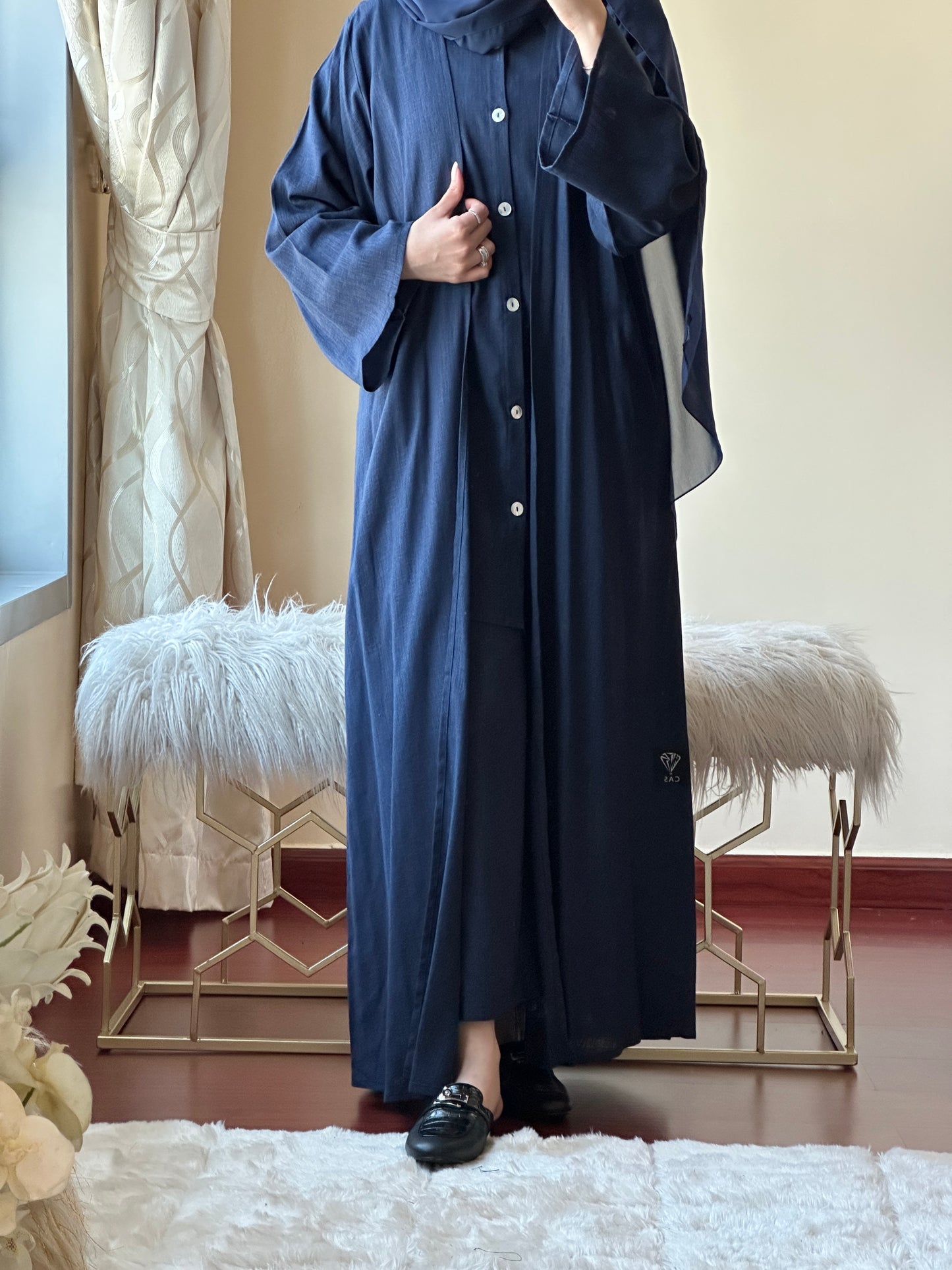 C-Navy Blue Summer Linen Travel Abaya Set